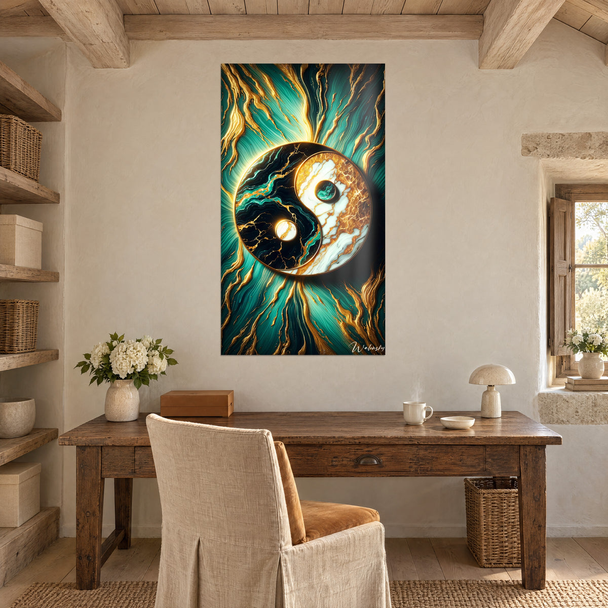 Schilderij yin-yang uitgehouwen in marmer, ebbenhout en wit met gouden aderen, turquoise vlammen, houten bureau onder balken