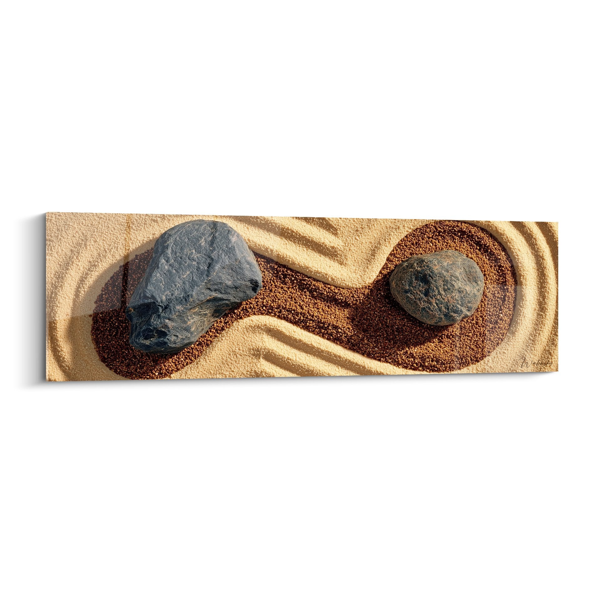Tableau zen yin yang pierres grises sable doré grains rouges composition équilibre minéral édition sable