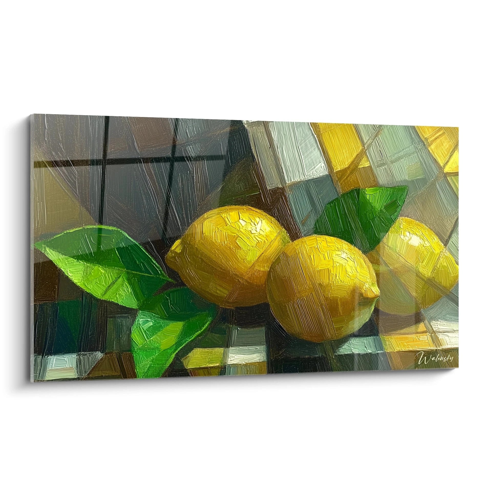 Un tableau nature morte abstrait représentant deux citrons jaunes avec des feuilles vertes, entourés de motifs géométriques et de textures en relief sur un fond sombre.