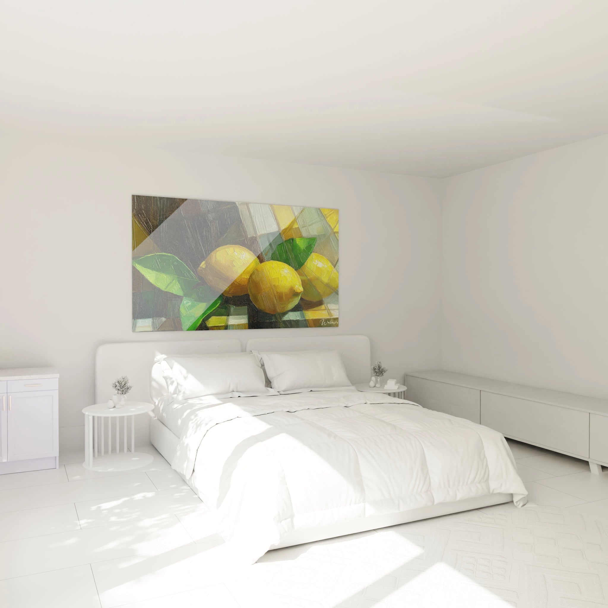 Composition abstraite d’un tableau nature morte abstrait montrant des citrons lumineux avec des teintes jaunes éclatantes, des feuilles vertes, et un arrière-plan texturé et géométrique.