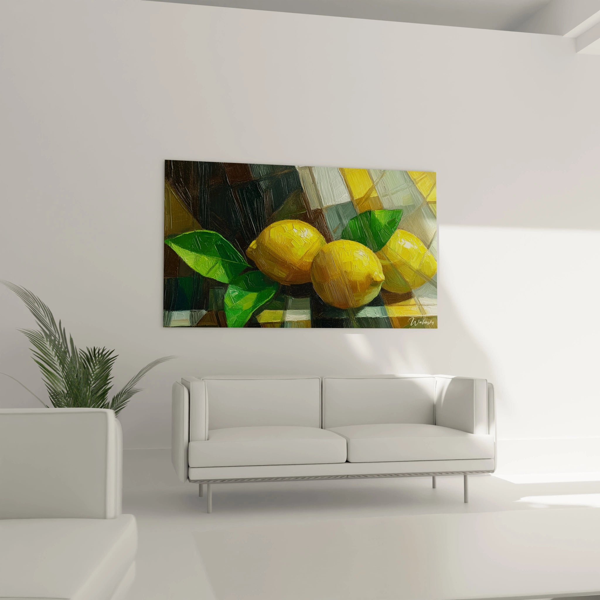 Tableau nature morte abstrait mettant en scène des citrons jaunes et des feuilles vertes sur un fond sombre, avec des coups de pinceau marqués et des formes géométriques superposées.