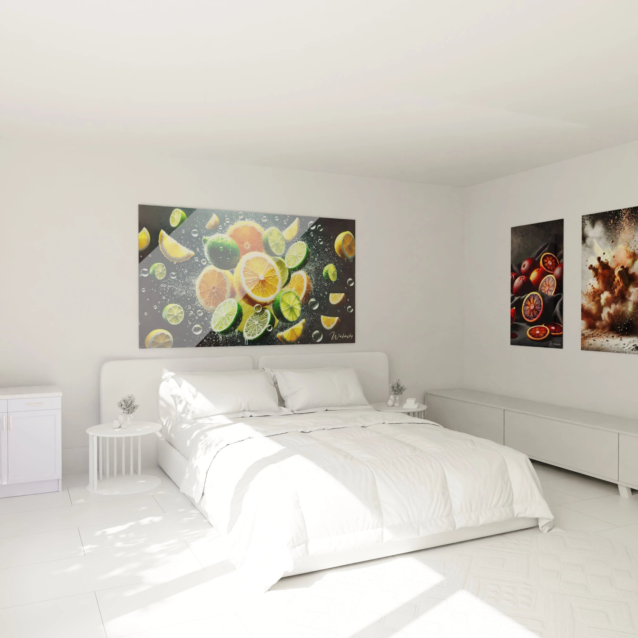 Tableau cuisine en verre acrylique au-dessus d'un lit dans une chambre - Décoration murale géante et élégante - Art mural moderne pour chambre - Ambiance sophistiquée avec tableau de grande taille - Décoration intérieure de qualité pour chambre à coucher