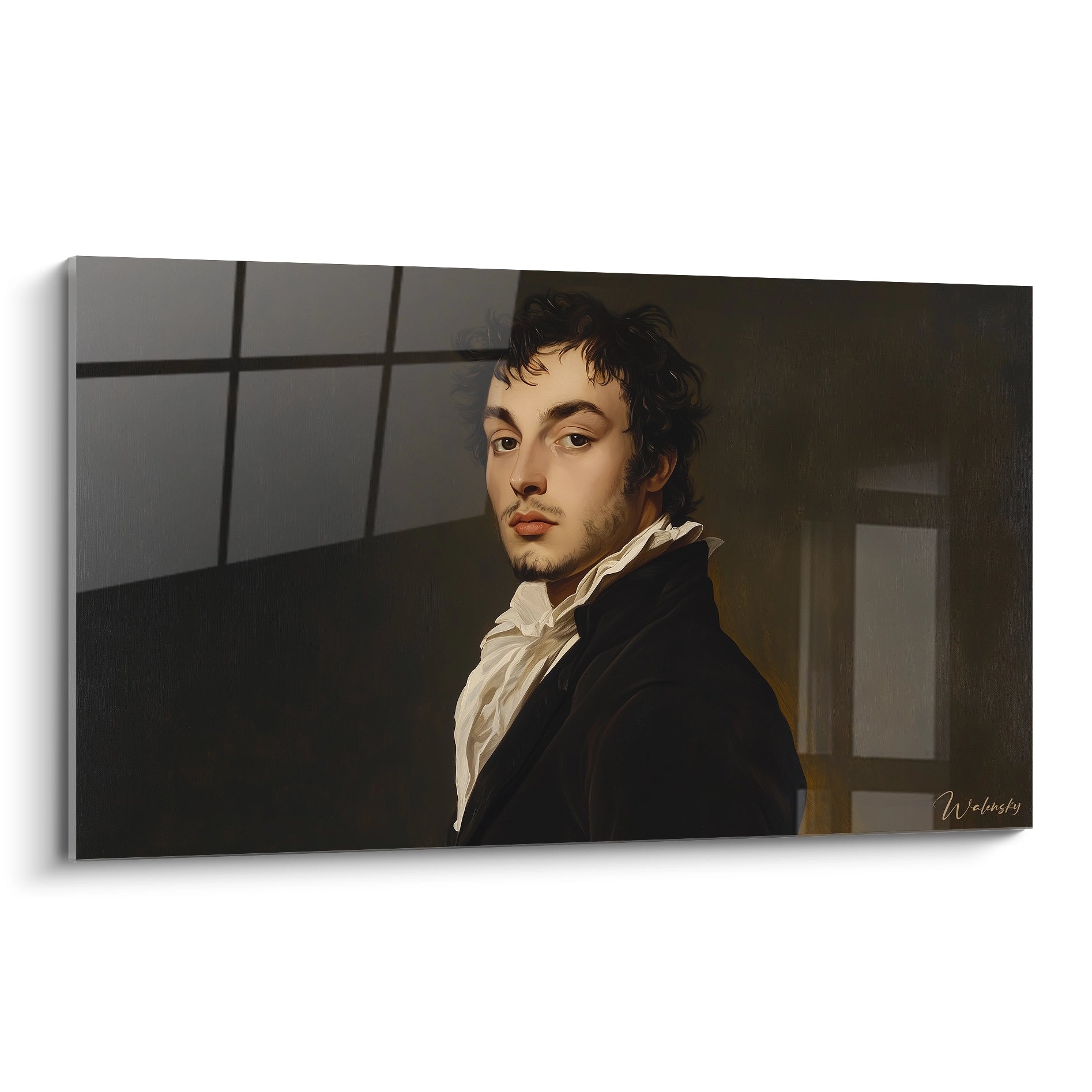 Un tableau Jean-Auguste-Dominique Ingres représentant un homme aux cheveux noirs bouclés, portant un manteau noir et une chemise blanche, sur un fond sombre aux nuances marron et noir.