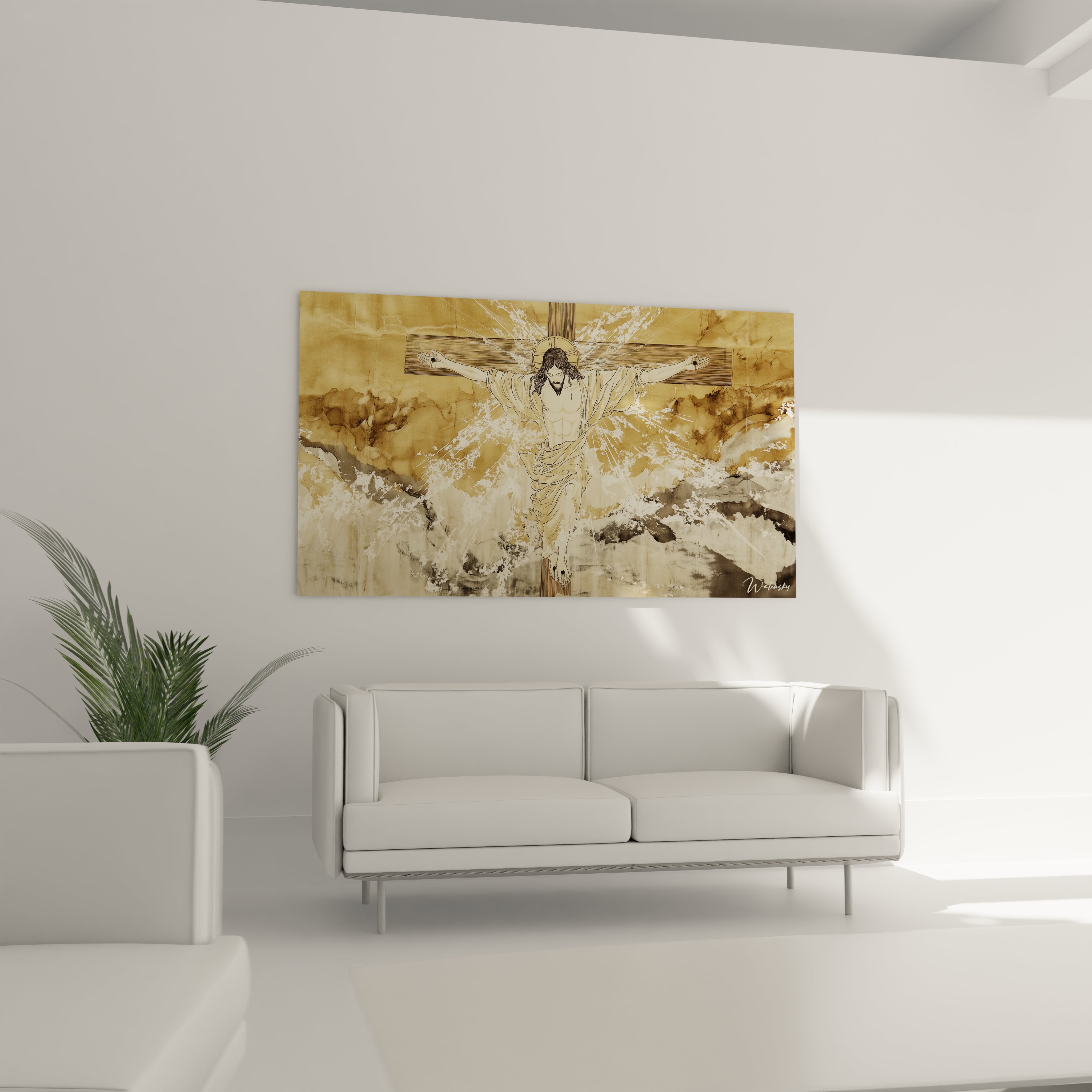 Un tableau Peter Paul Rubens montrant une figure aux bras écartés, devant une croix en bois, avec un fond beige et marron parcouru d’effets de lumière et de motifs texturés évoquant des marbrures.