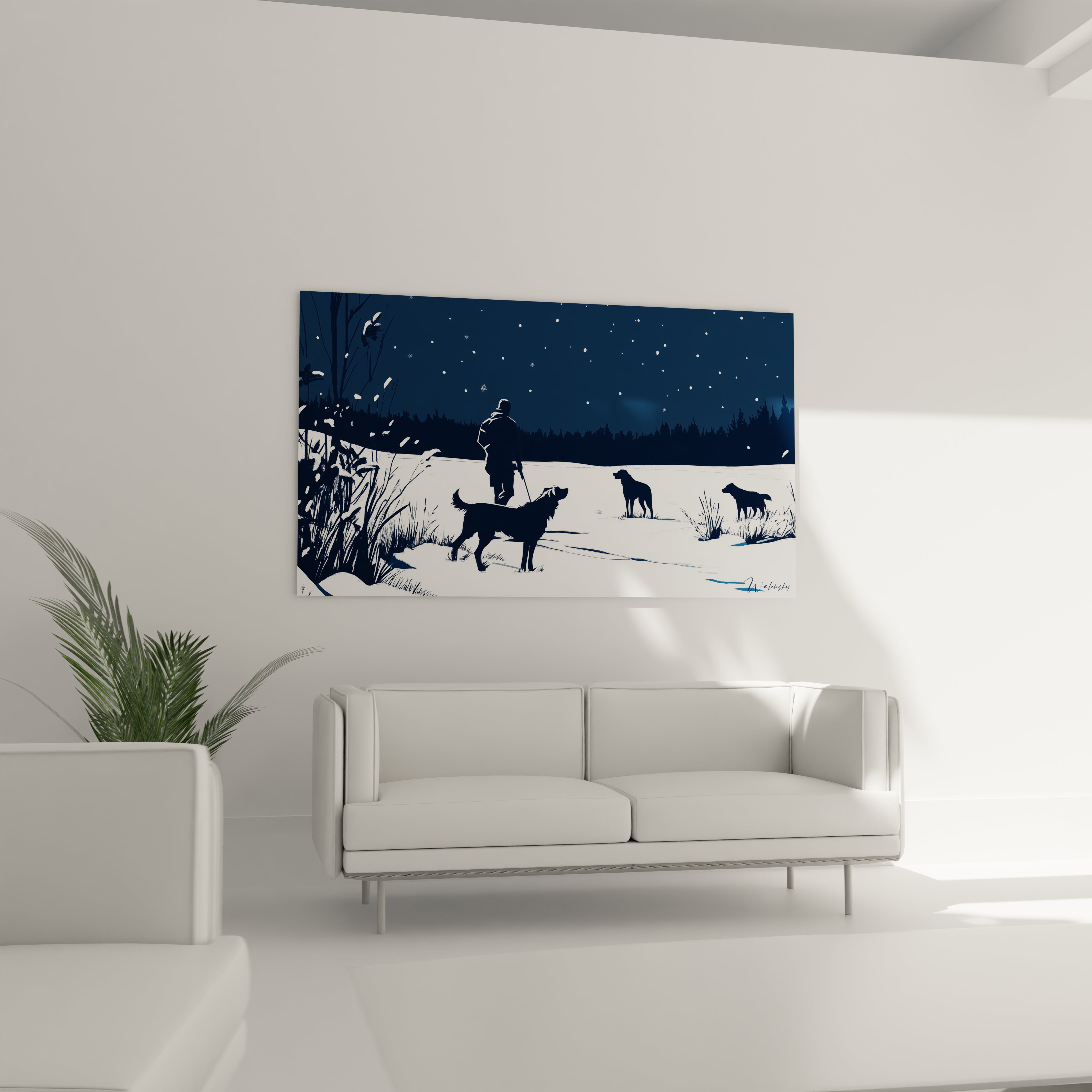 Un tableau Pieter Bruegel l'Ancien montrant un personnage et ses chiens traversant un champ enneigé, entourés d’arbres sombres, avec des textures nettes et une palette dominée par le bleu, le blanc et le noir.
