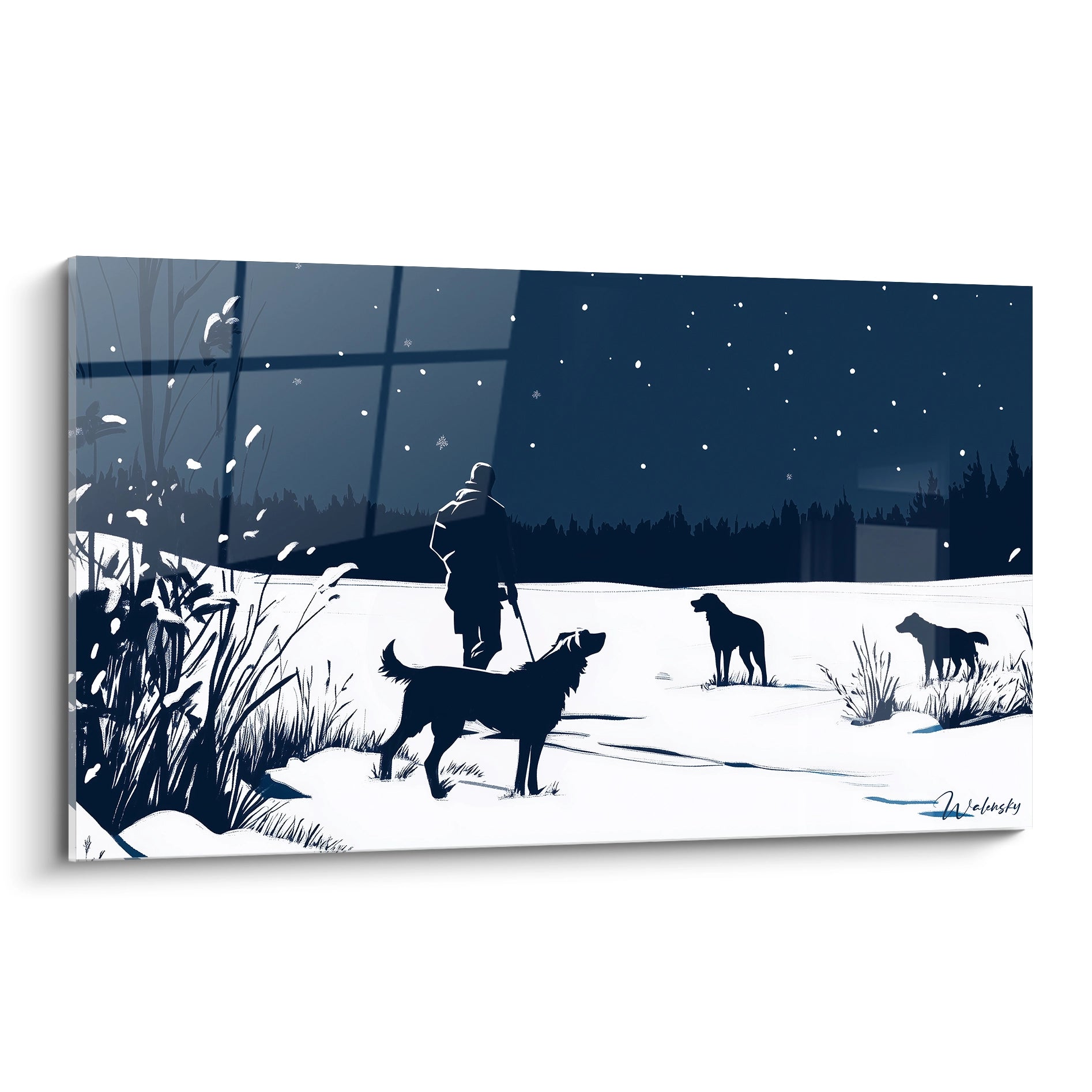 Un tableau Pieter Bruegel l'Ancien représentant une scène hivernale avec un homme et trois chiens dans un paysage enneigé, en nuances de bleu, blanc et noir, avec des ombres marquées et un ciel étoilé.