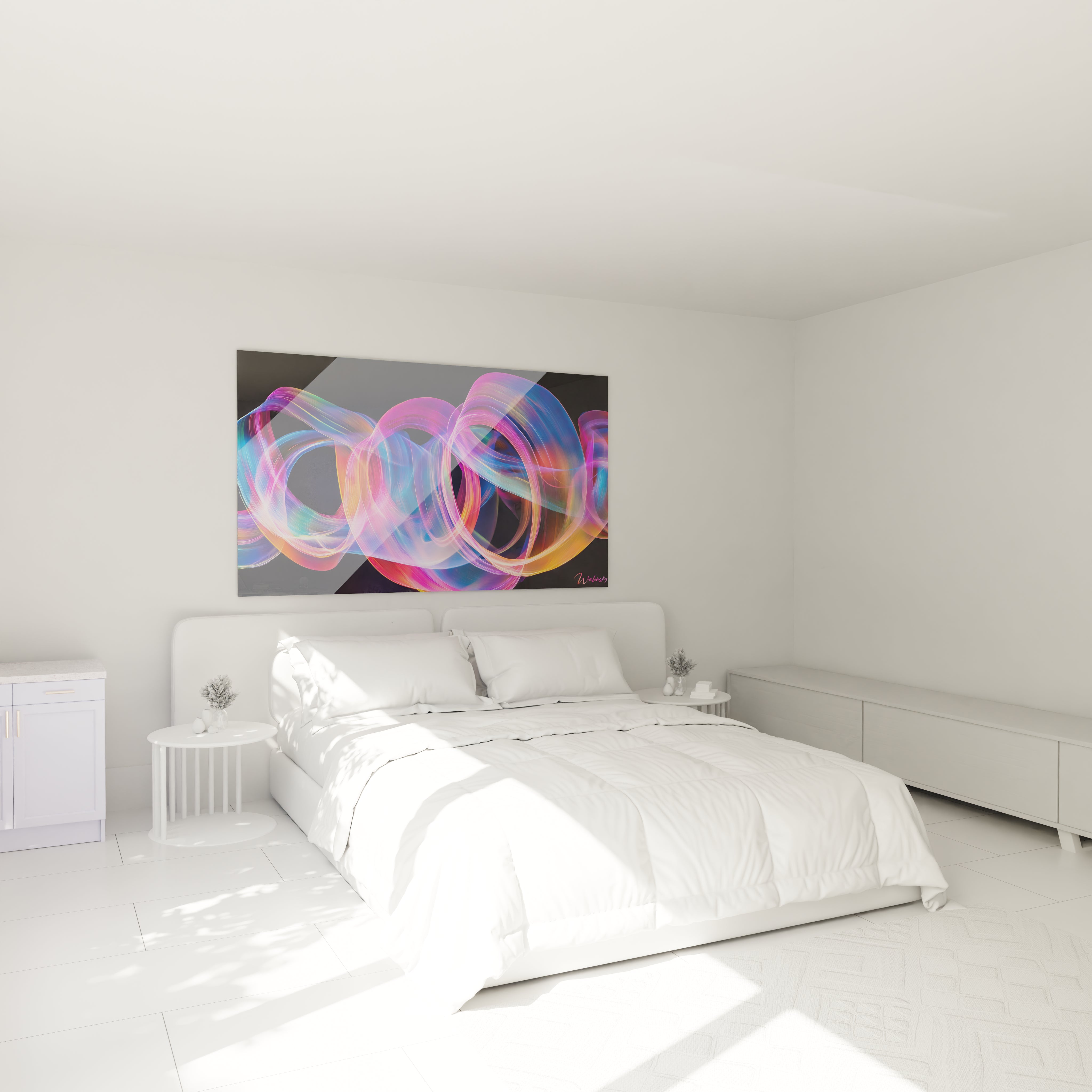 Un tableau Sonia Delaunay illustrant des formes lumineuses sinueuses aux teintes bleu, rose et orange, créant des superpositions et des contrastes sur un fond sombre texturé.