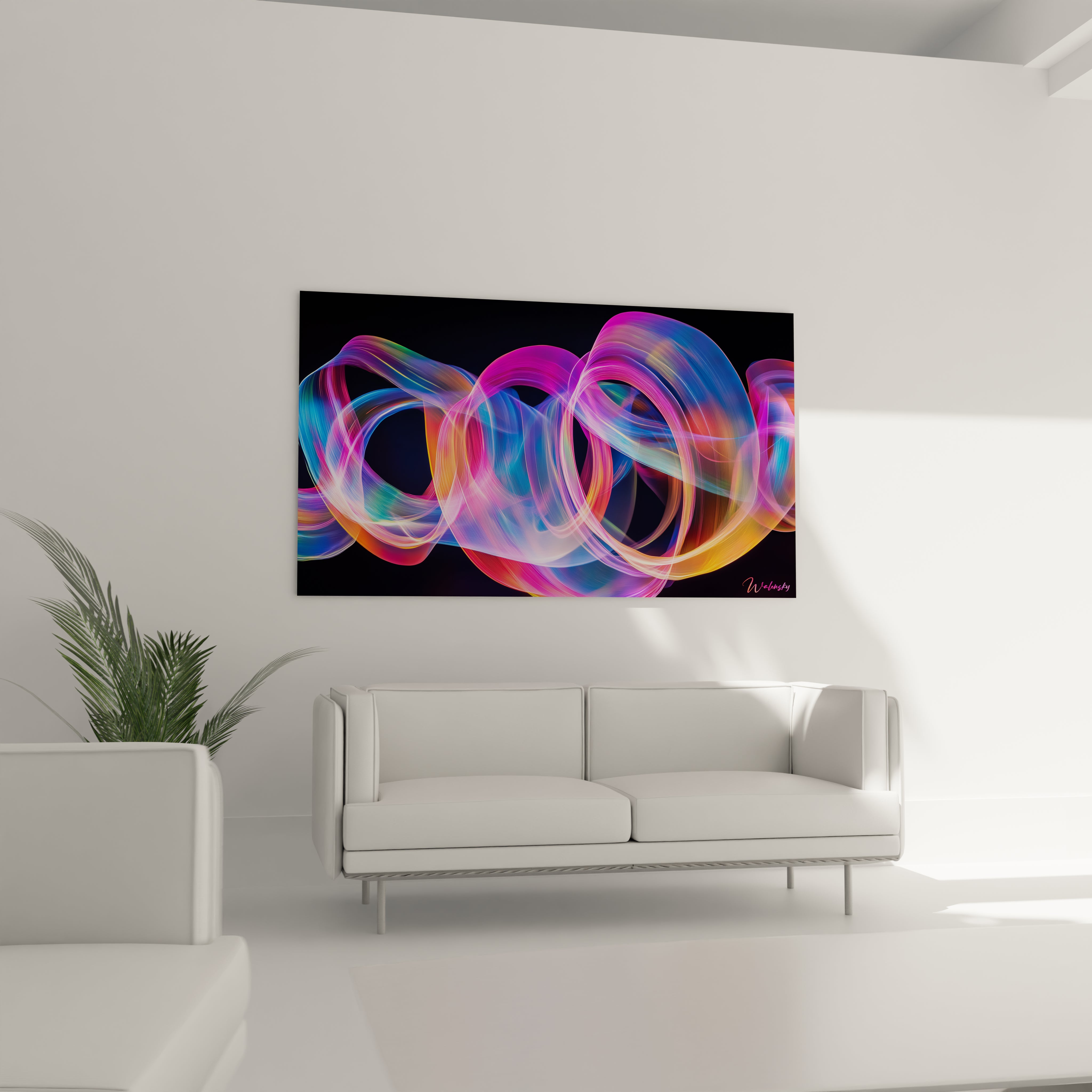 Un tableau Sonia Delaunay montrant des courbes dynamiques multicolores avec des nuances de bleu, rose et orange, des effets de transparence et une texture lisse sur un arrière-plan noir.