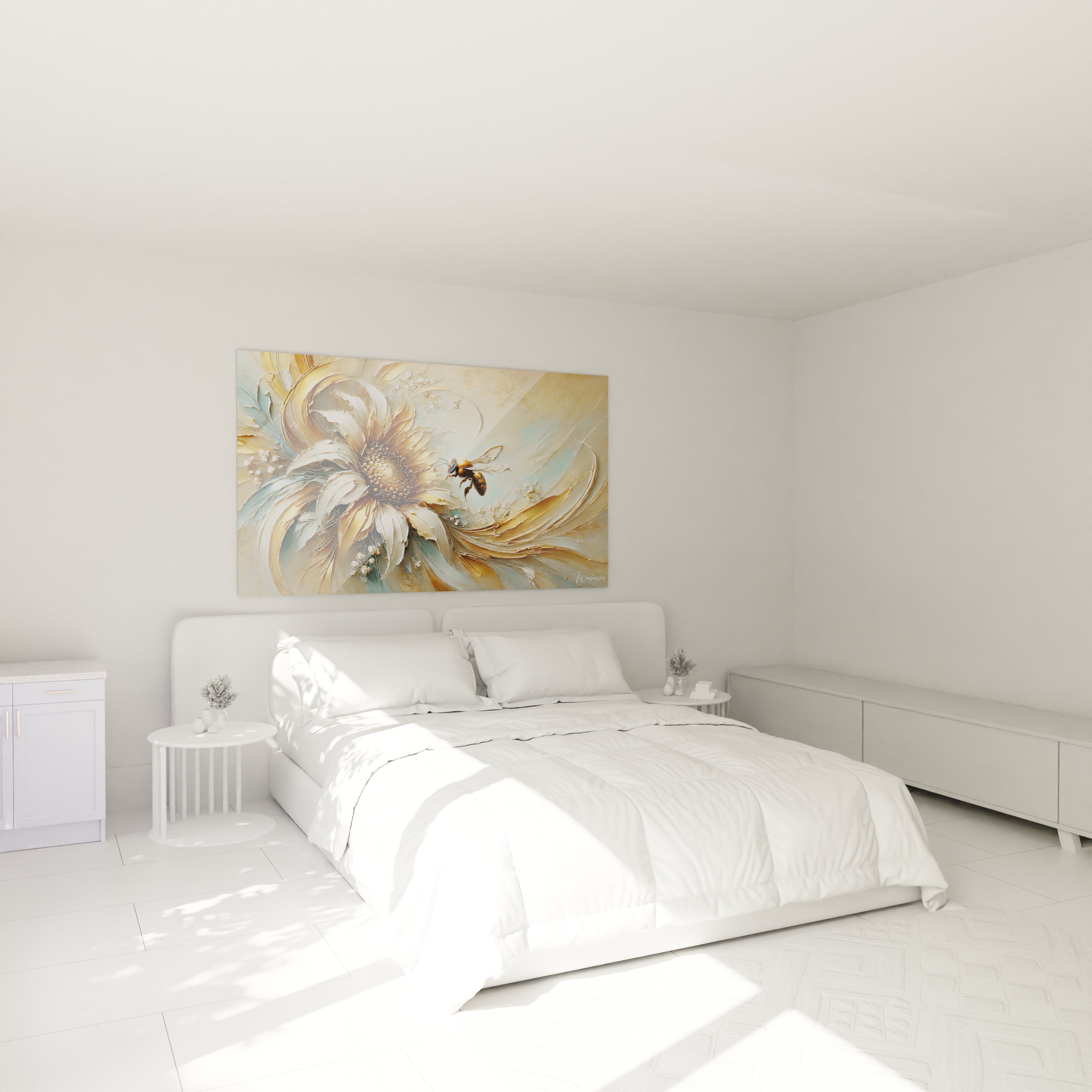 Ce tableau abeille au-dessus du lit dans la chambre crée une ambiance apaisante et raffinée. Les nuances dorées et beige ajoutent une élégance naturelle à la pièce.