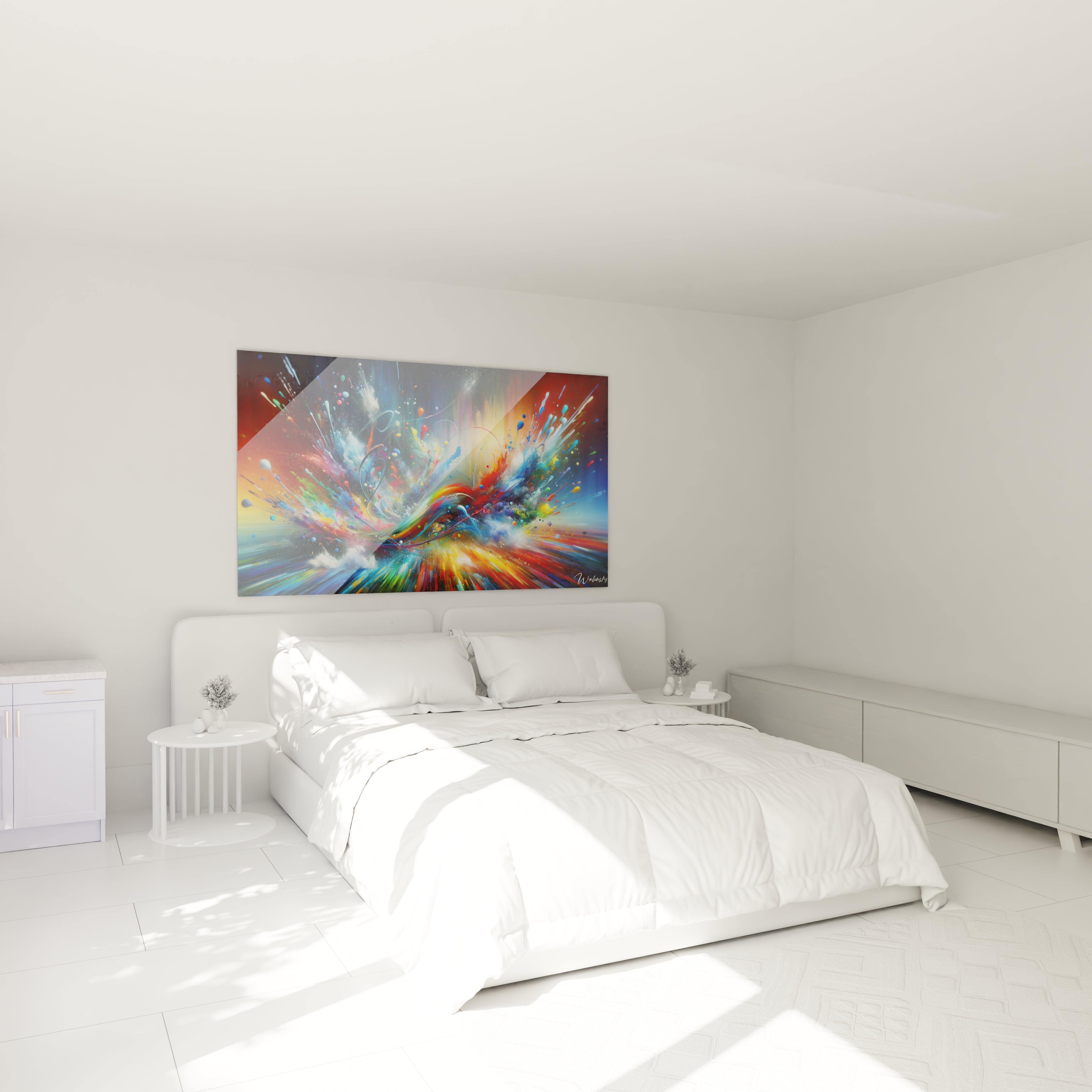 Tableau abstrait figurant une déflagration colorée sur fond sombre. Spectre complet de couleurs primaires et secondaires en projection radiale. Surface texturée par gouttelettes, traits directionnels et particules en suspension. Structure dynamique avec vagues centrales et rayons divergents créant un effet d'expansion.