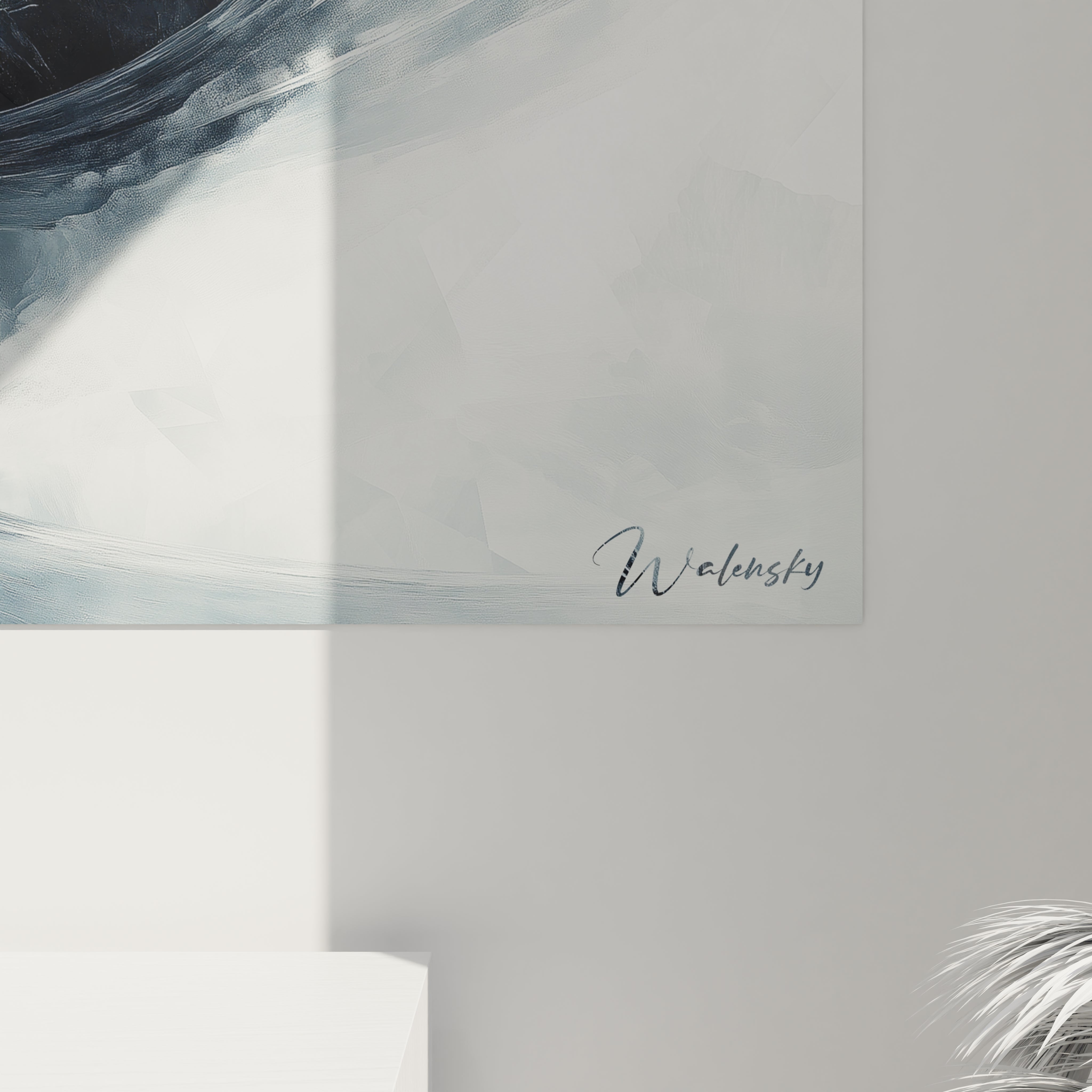 Un tableau abstrait spirale contemporain représentant un tourbillon monochrome. Les contrastes entre zones sombres et claires définissent nettement la forme spiralée, tandis que les textures vaporeuses ajoutent une dimension éthérée à la composition graphique.
