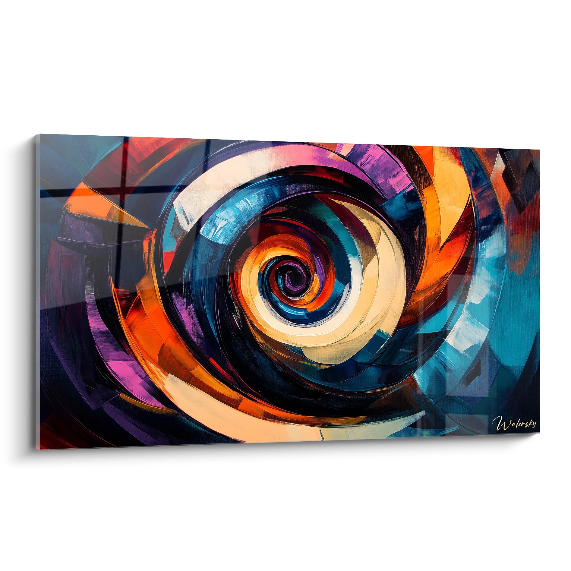 Un tableau abstrait spirale aux couleurs vibrantes représentant un tourbillon hypnotique de cercles concentriques. Dominé par des bleus profonds, oranges éclatants et violets intenses, avec des textures brillantes créant une impression de mouvement perpétuel vers le centre.