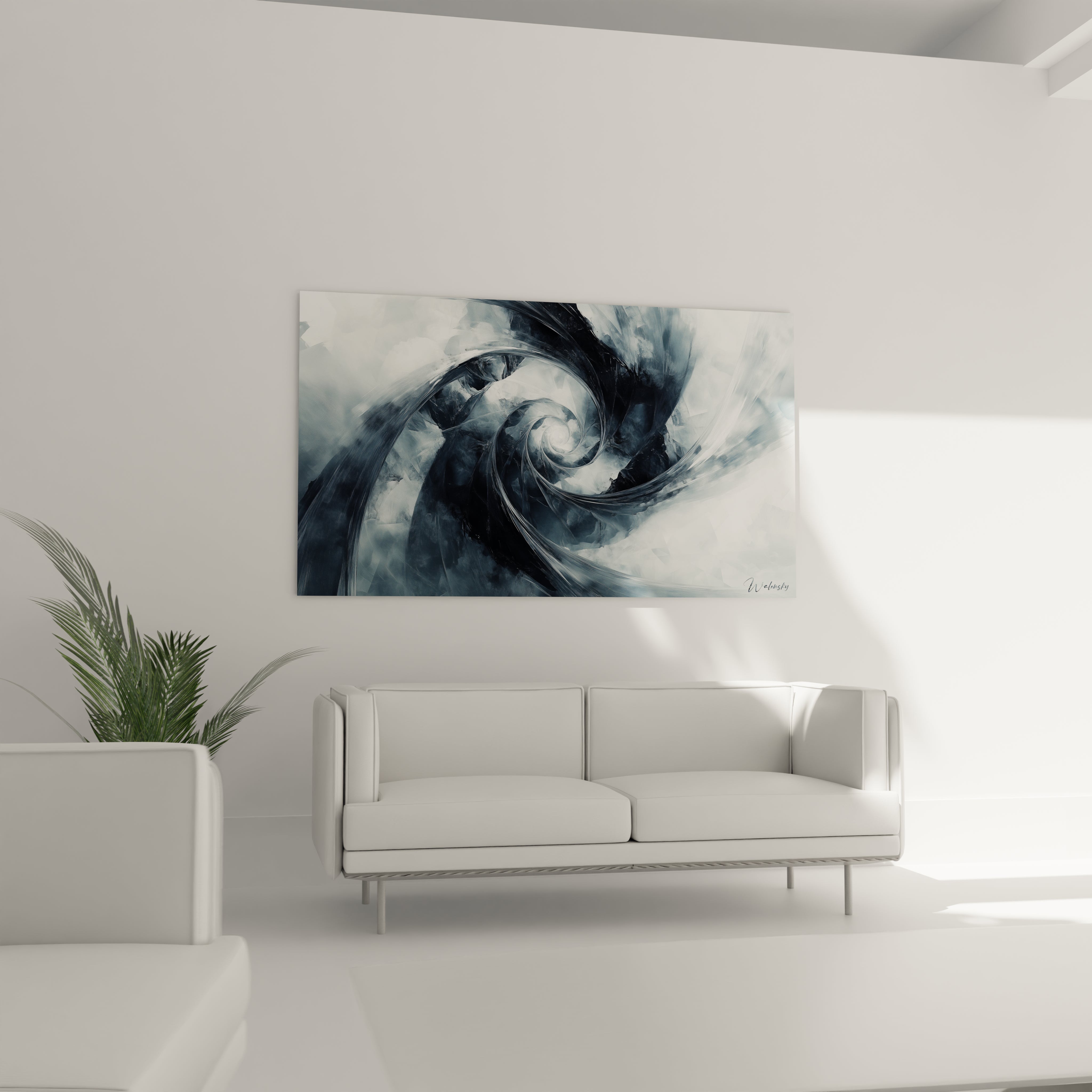 Un tableau abstrait spirale minimaliste où des courbes fluides en gris et noir s'enroulent vers un centre lumineux. Les transitions douces entre les teintes monochromes créent une sensation de mouvement continu, renforcée par des coups de pinceau dynamiques.