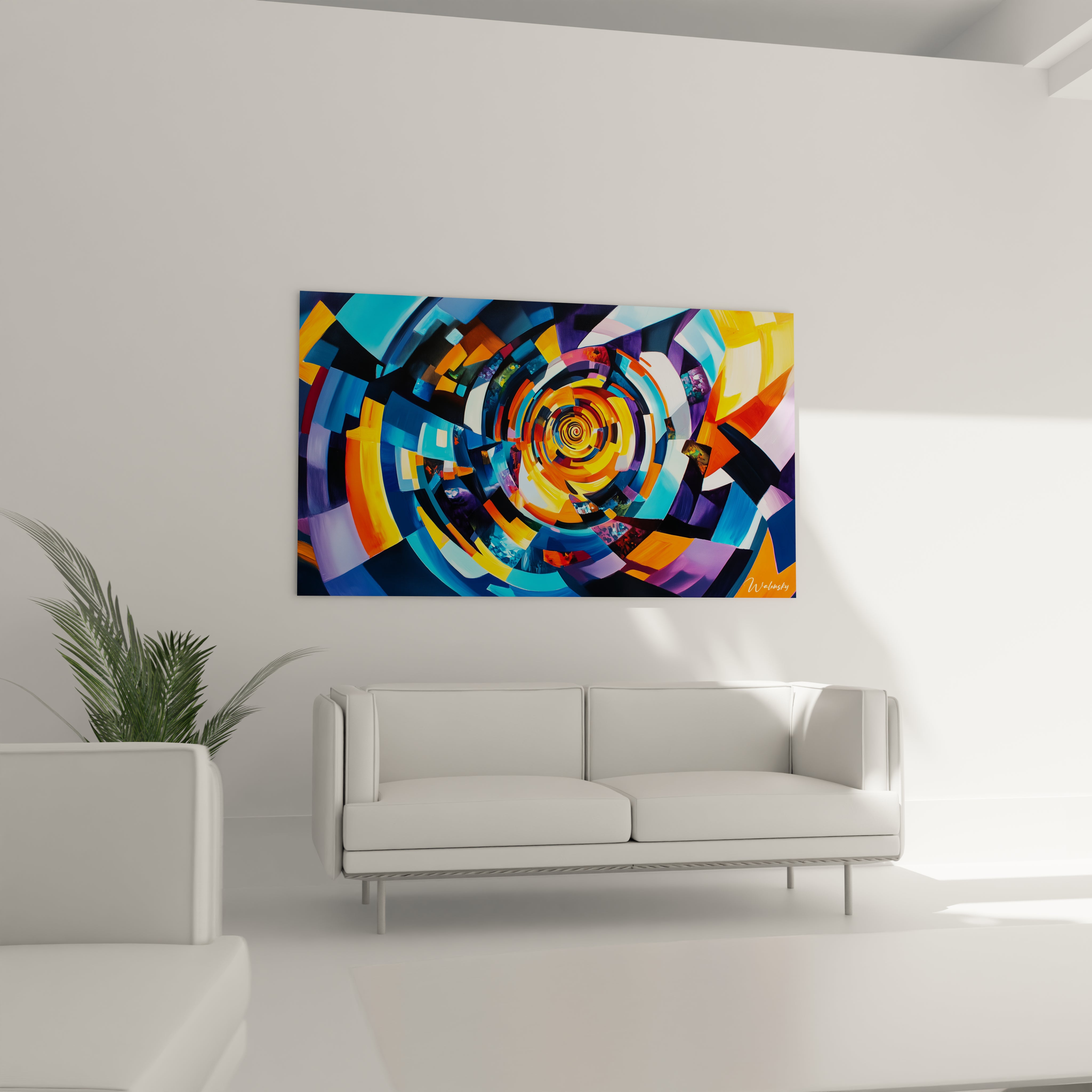 Un tableau abstrait spirale géométrique présentant une composition fragmentée en sections colorées qui convergent vers un point central doré. Jeu de contrastes entre bleus froids, oranges chaleureux et jaunes lumineux sur fond de segments noirs structurants.
