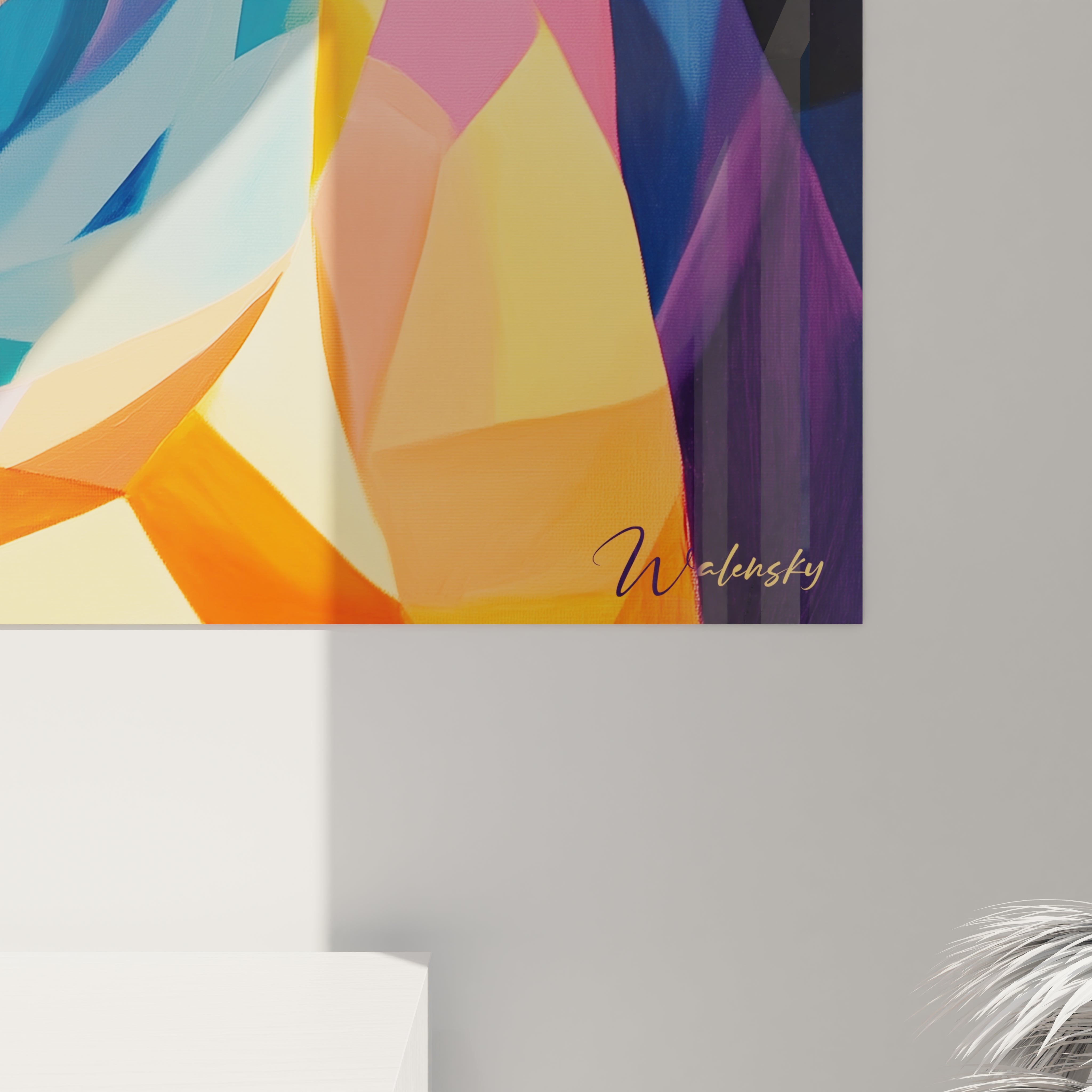 Un tableau abstrait spirale explorant le mouvement circulaire à travers une mosaïque de triangles colorés. L'œuvre combine des bleus intenses, des oranges vifs et des turquoises lumineux dans une composition dynamique qui guide le regard vers son centre rayonnant.