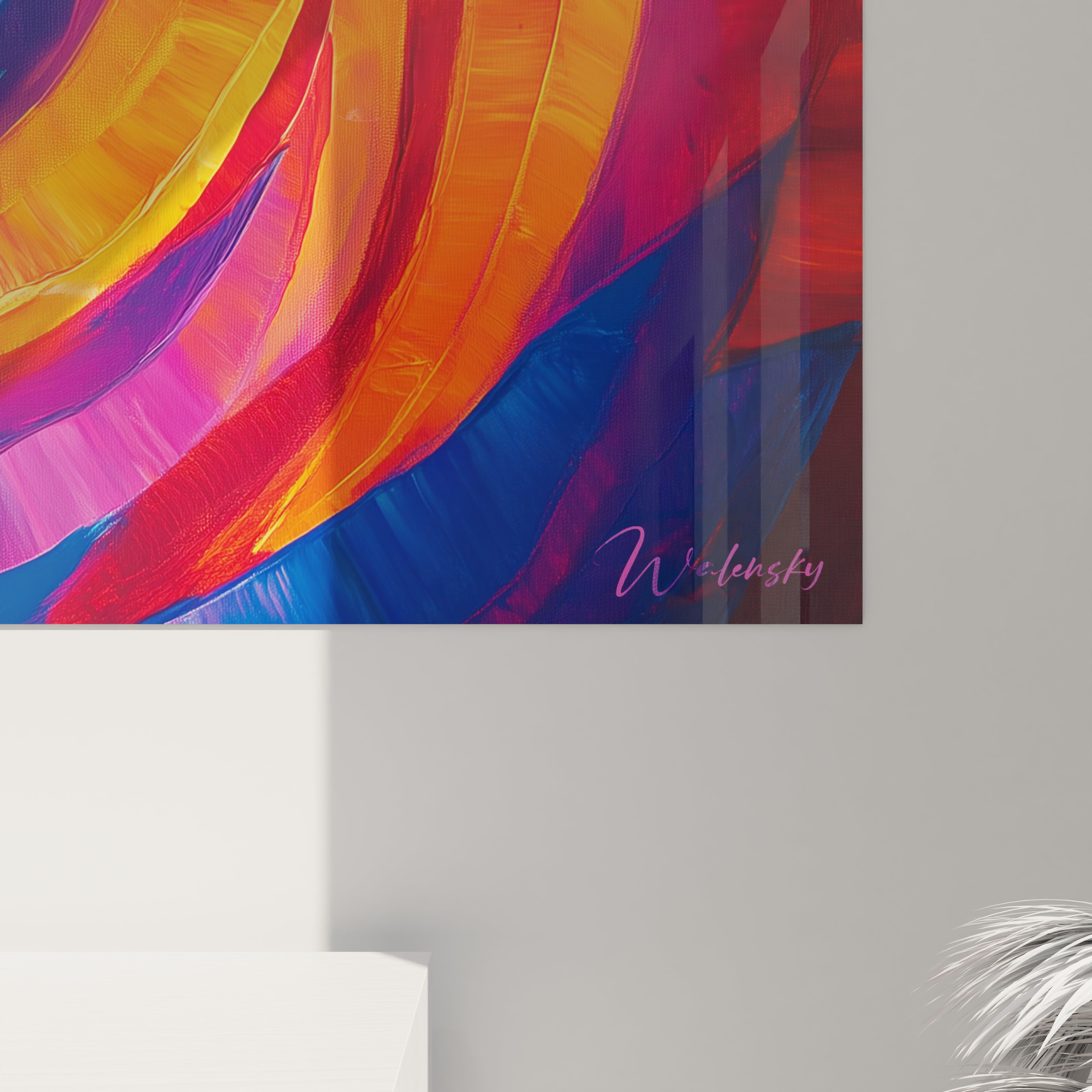 Un tableau abstrait spirale représentant un tourbillon chromatique où les teintes chaudes et froides s'entrelacent. Les couches de peinture superposées forment une composition circulaire dynamique avec des transitions douces entre bleu, violet, orange et rouge.