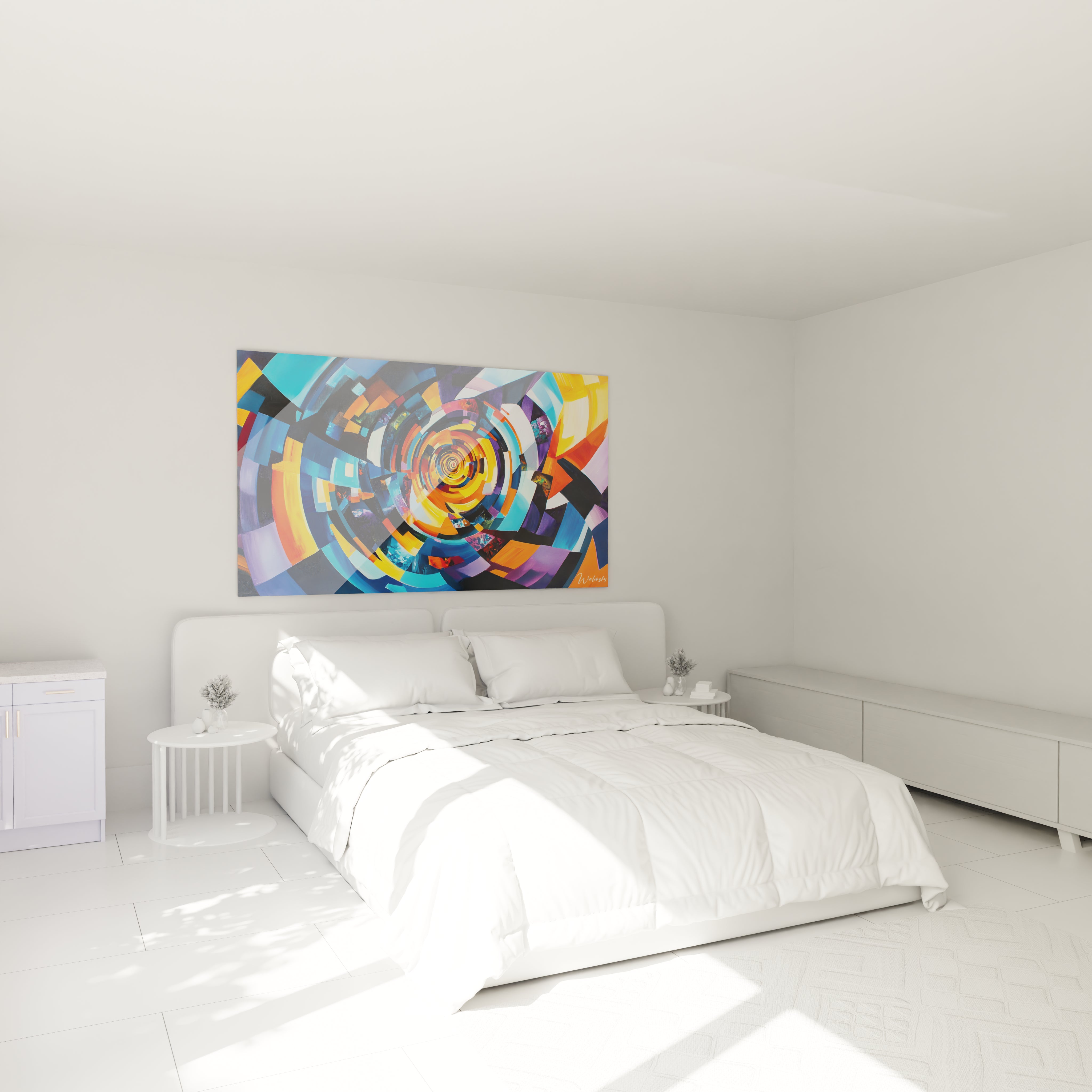 Un tableau abstrait spirale dynamique où des formes angulaires multicolores s'entrelacent dans un mouvement circulaire hypnotique. Palette riche en bleu, orange et jaune avec des accents violets et noirs créant une impression de profondeur et de rotation continue.