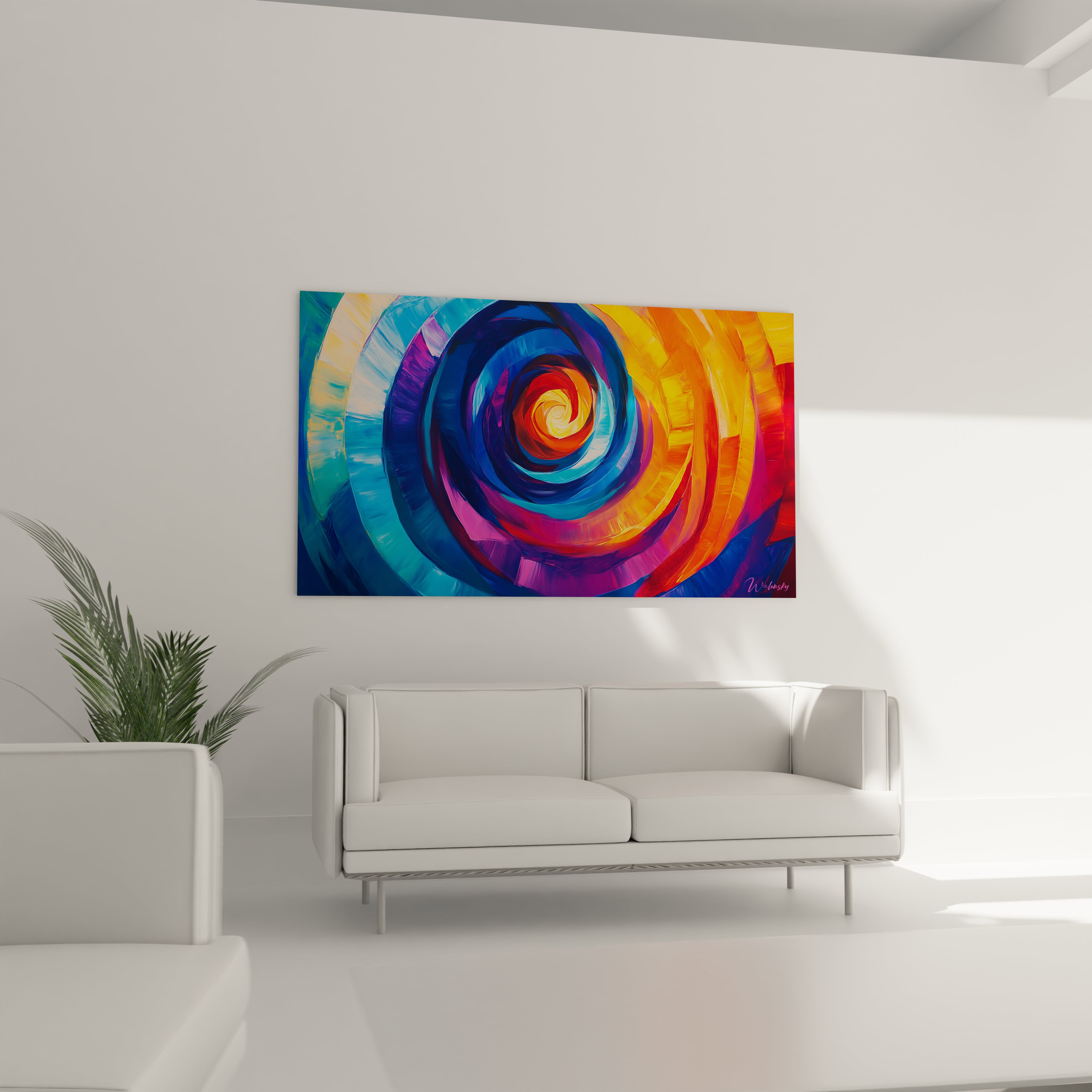 Un tableau abstrait spirale aux couleurs contrastées organisées en cercles concentriques. Le centre lumineux est entouré d'anneaux bleus, violets et orange qui s'étendent vers l'extérieur avec des coups de pinceau énergiques créant une sensation de rotation.