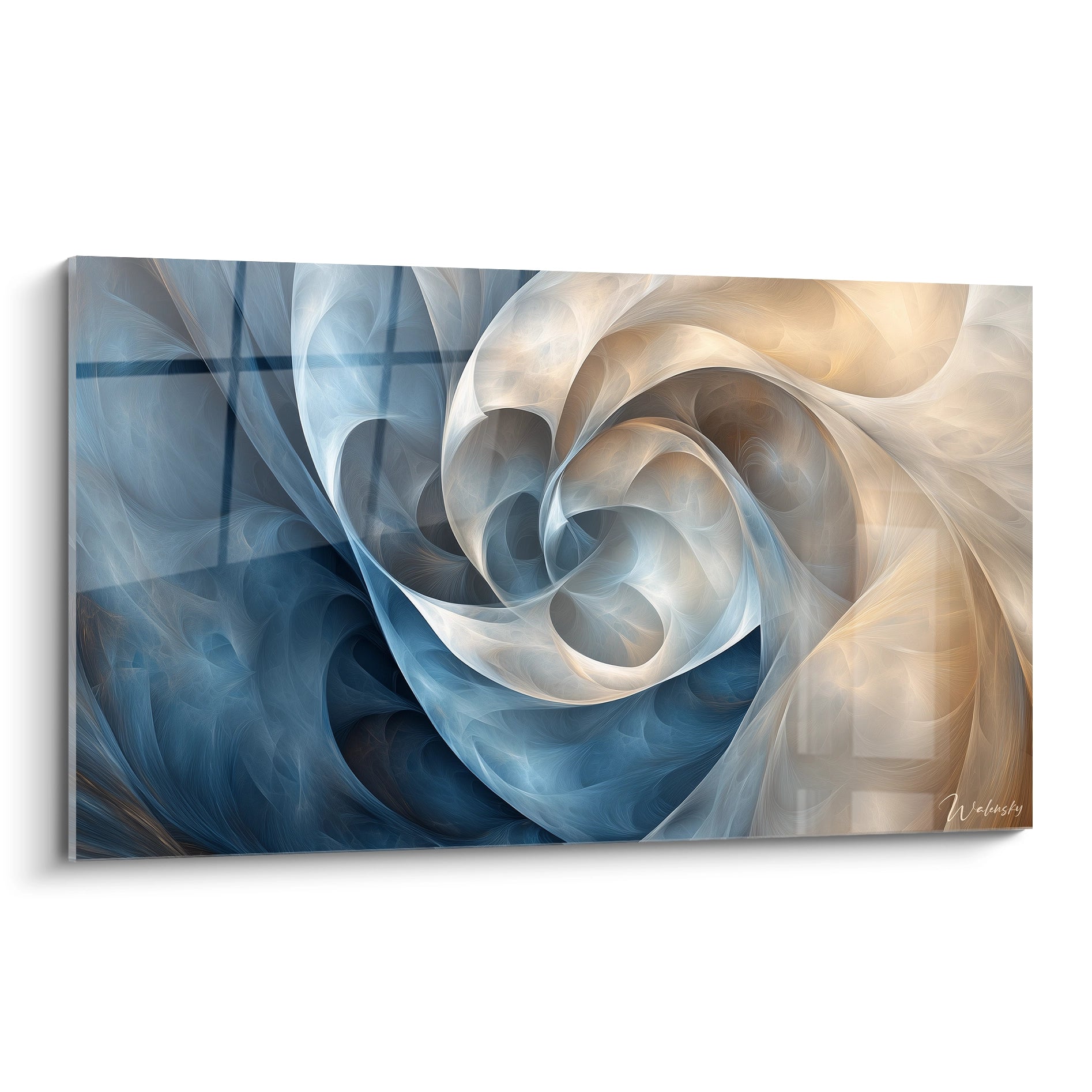 Un tableau abstrait spirale aux couleurs éthérées, composé de formes tourbillonnantes en bleu profond, blanc nacré et beige doré, créant une impression de mouvement perpétuel et de profondeur infinie sur fond texturé.