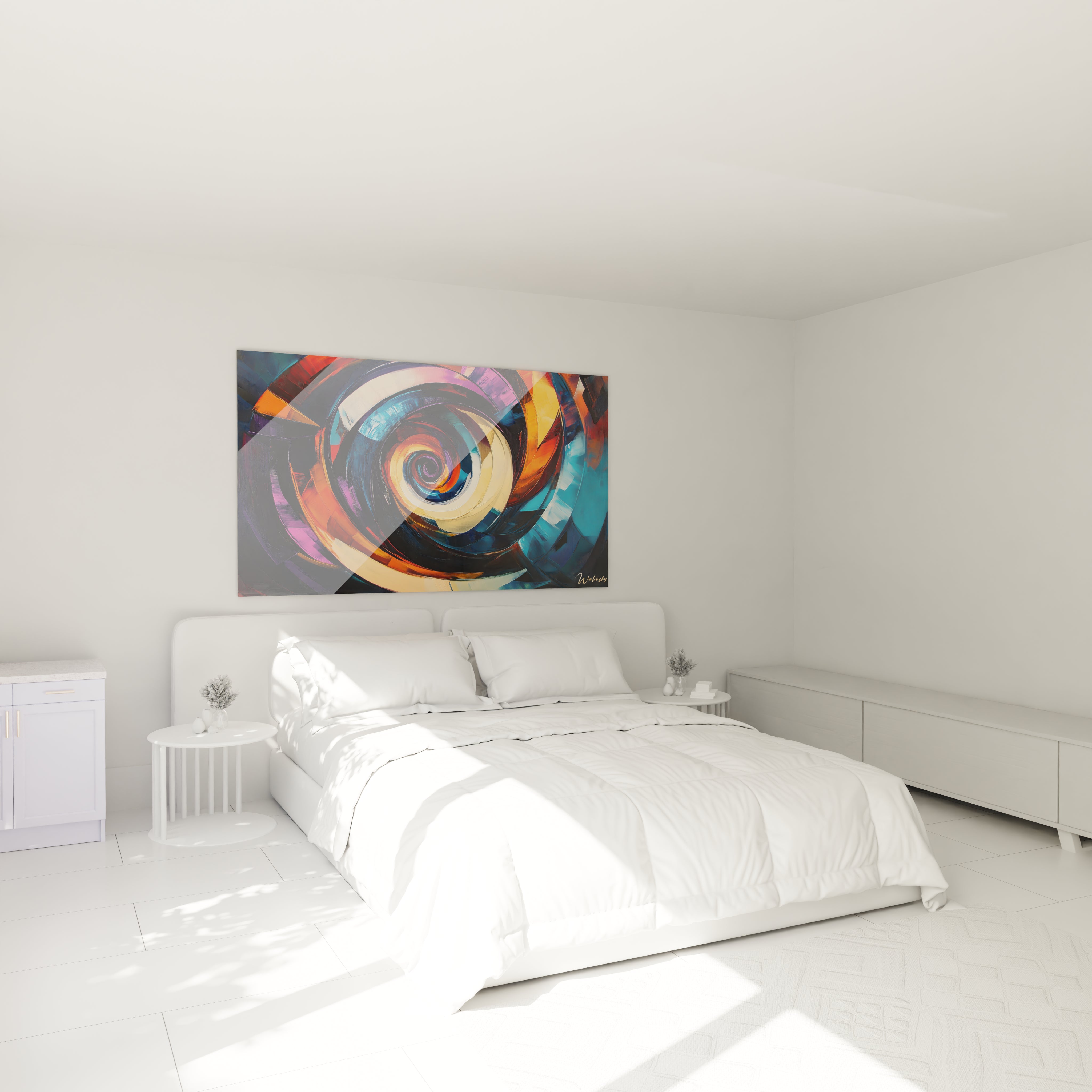 Un tableau abstrait spirale créant l'illusion d'un vortex dimensionnel. Les cercles concentriques en bleu, orange et violet se superposent avec des effets de brillance et de transparence, formant un tunnel visuel qui attire le regard vers son centre mystérieux.