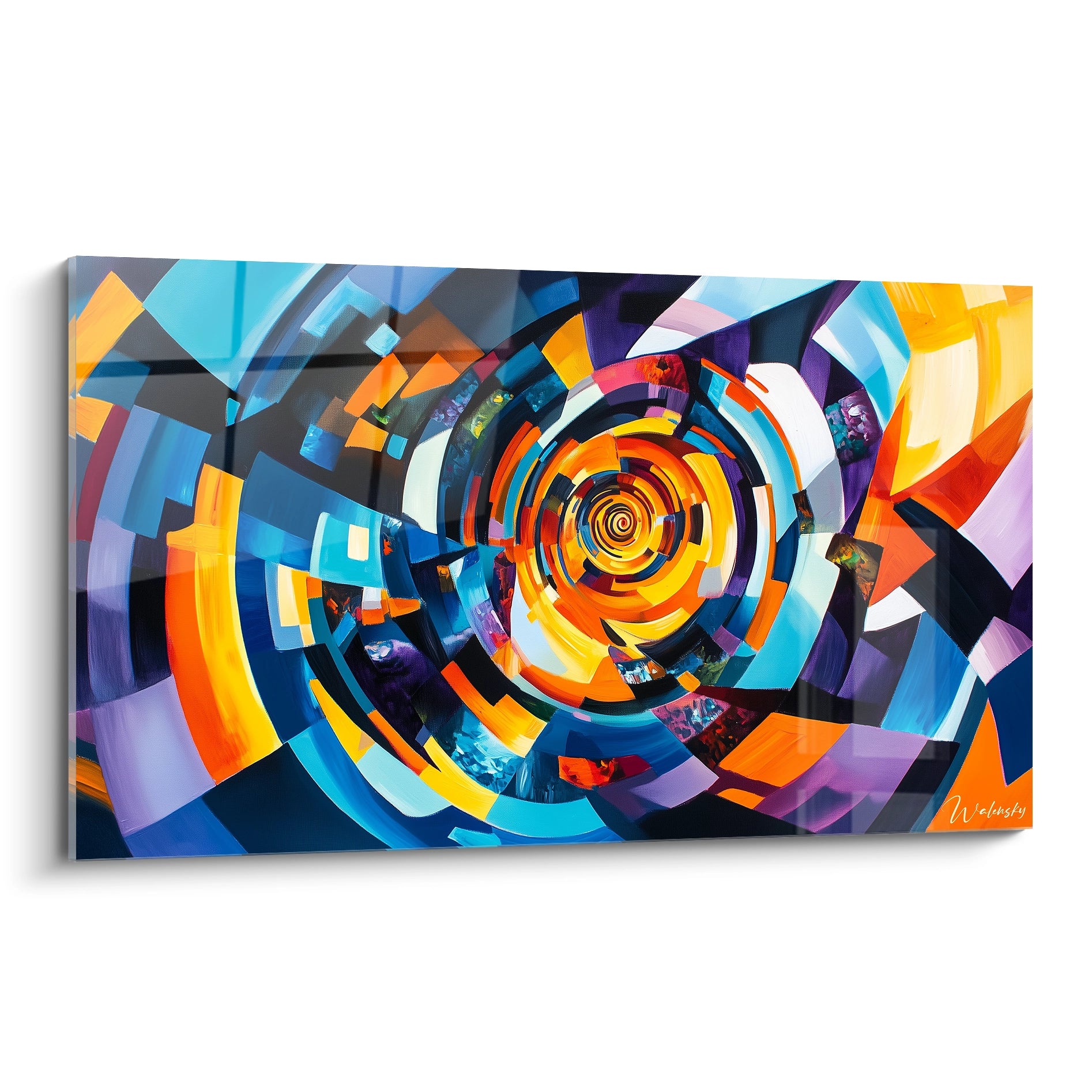 Un tableau abstrait spirale vibrante composé de segments géométriques colorés formant un mouvement tourbillonnant vers un centre lumineux. Dominance de bleu turquoise, orange vif et jaune éclatant avec des contrastes marqués par du noir et des touches de violet.