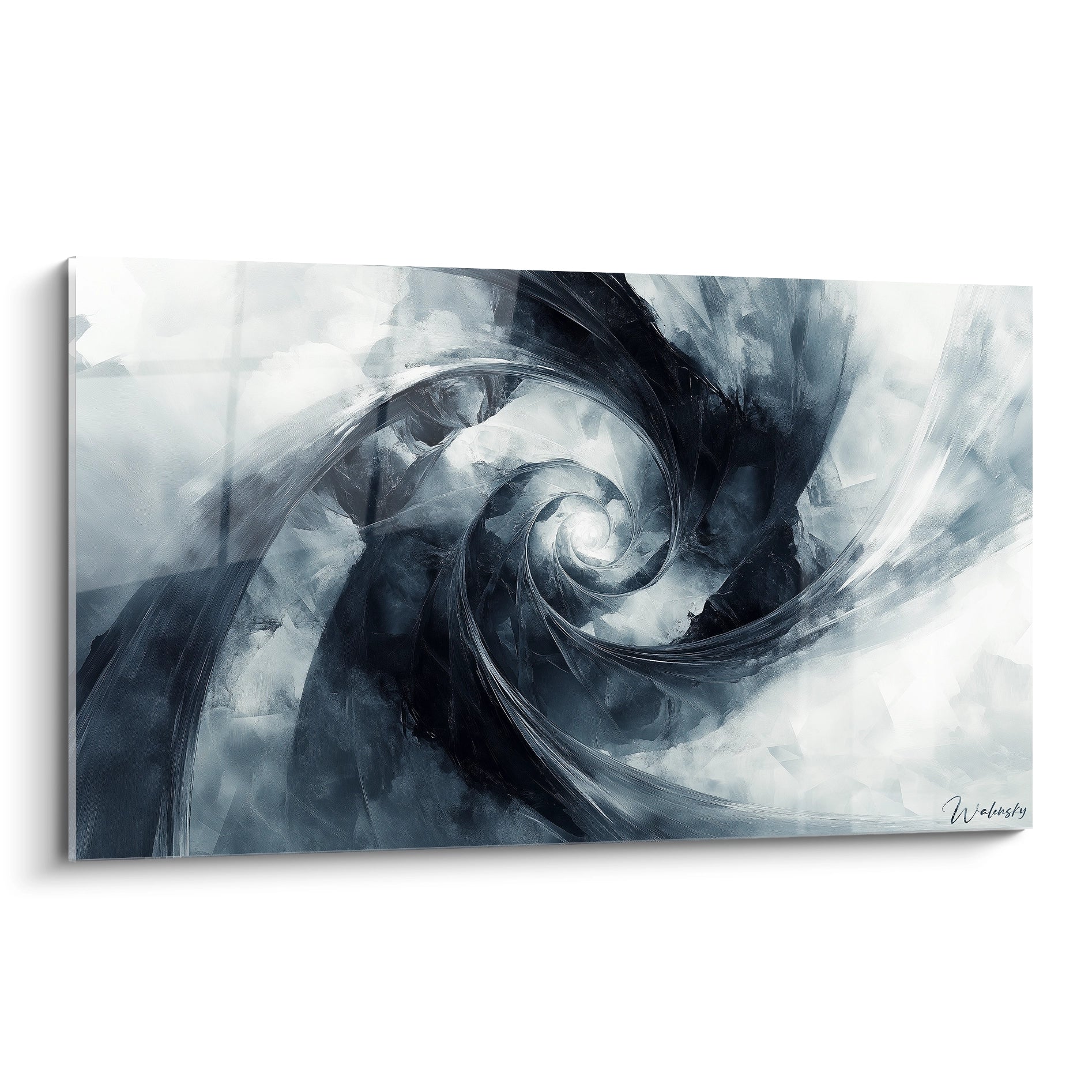 Un tableau abstrait spirale monochrome présentant un tourbillon dynamique en noir et blanc. Les nuances de gris créent une impression de mouvement perpétuel, avec des textures fluides et des contrastes marqués qui guident l'œil vers un centre lumineux.