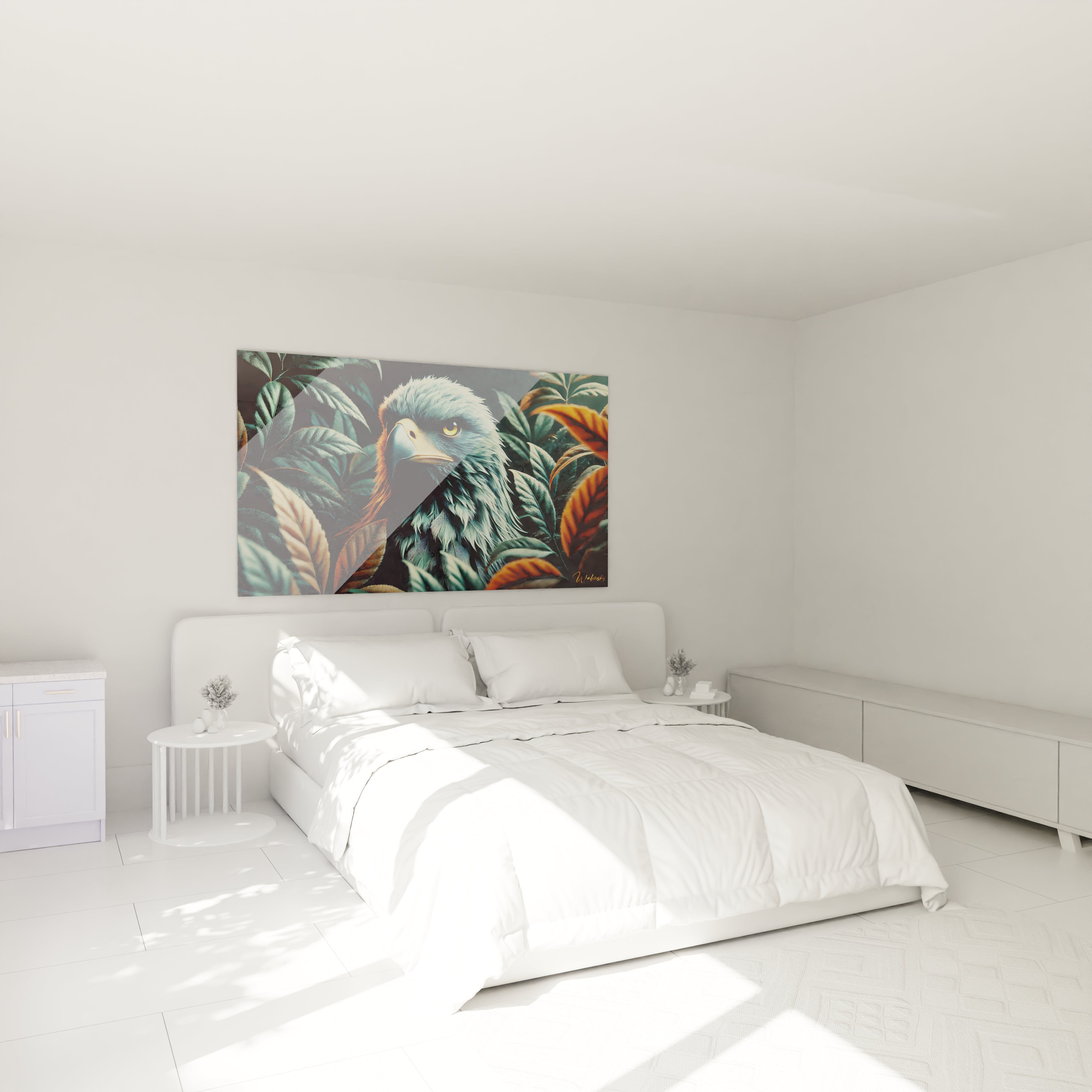 Dans une chambre, ce tableau aigle cree une atmosphere puissante au dessus du lit. La fusion de l aigle et de la nature apporte force et harmonie, ideale pour un decor apaisant et inspire par la nature.