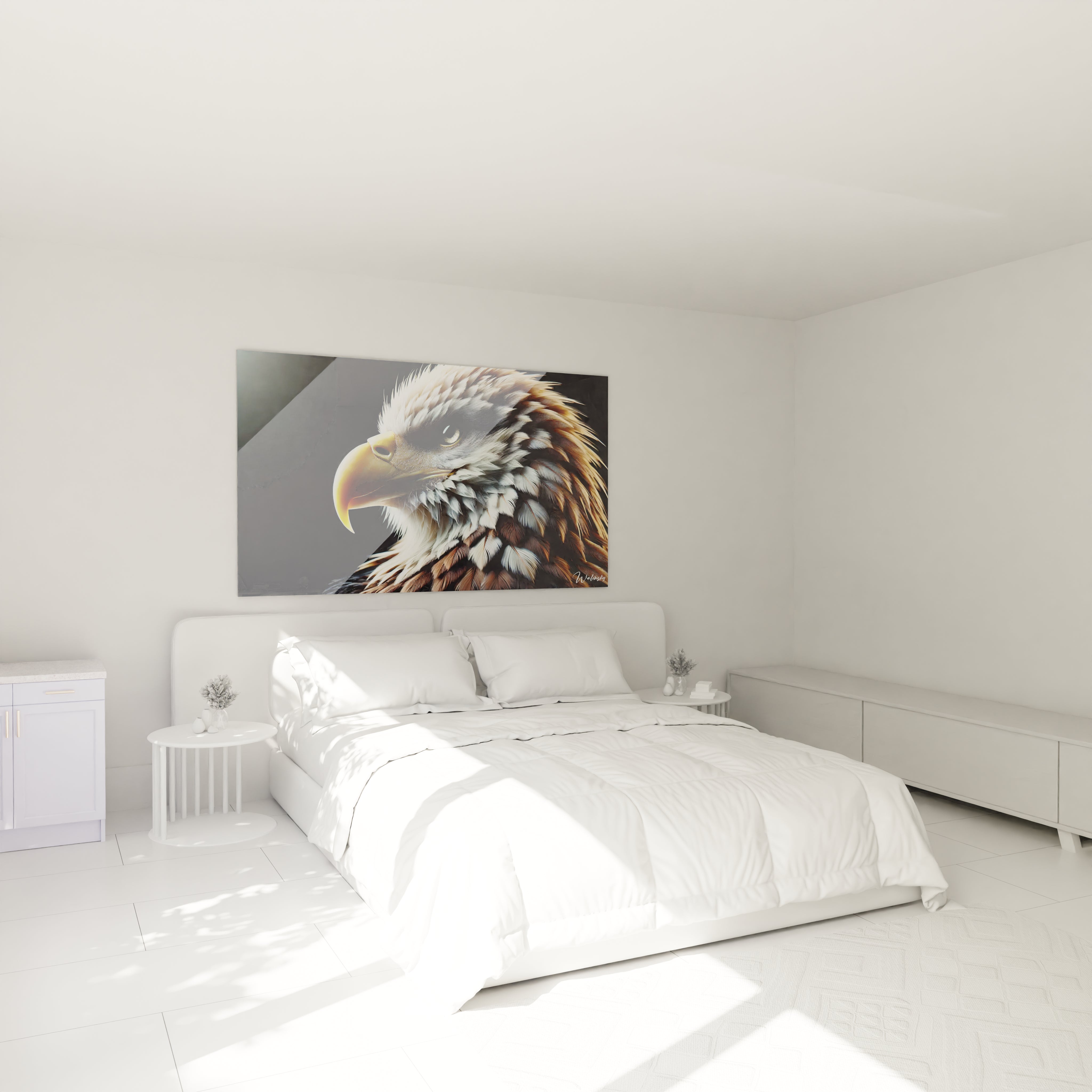 Sublimez votre chambre avec ce tableau aigle accroché au-dessus du lit. Son réalisme et la profondeur de ses textures apportent une touche élégante et puissante à votre espace de repos.