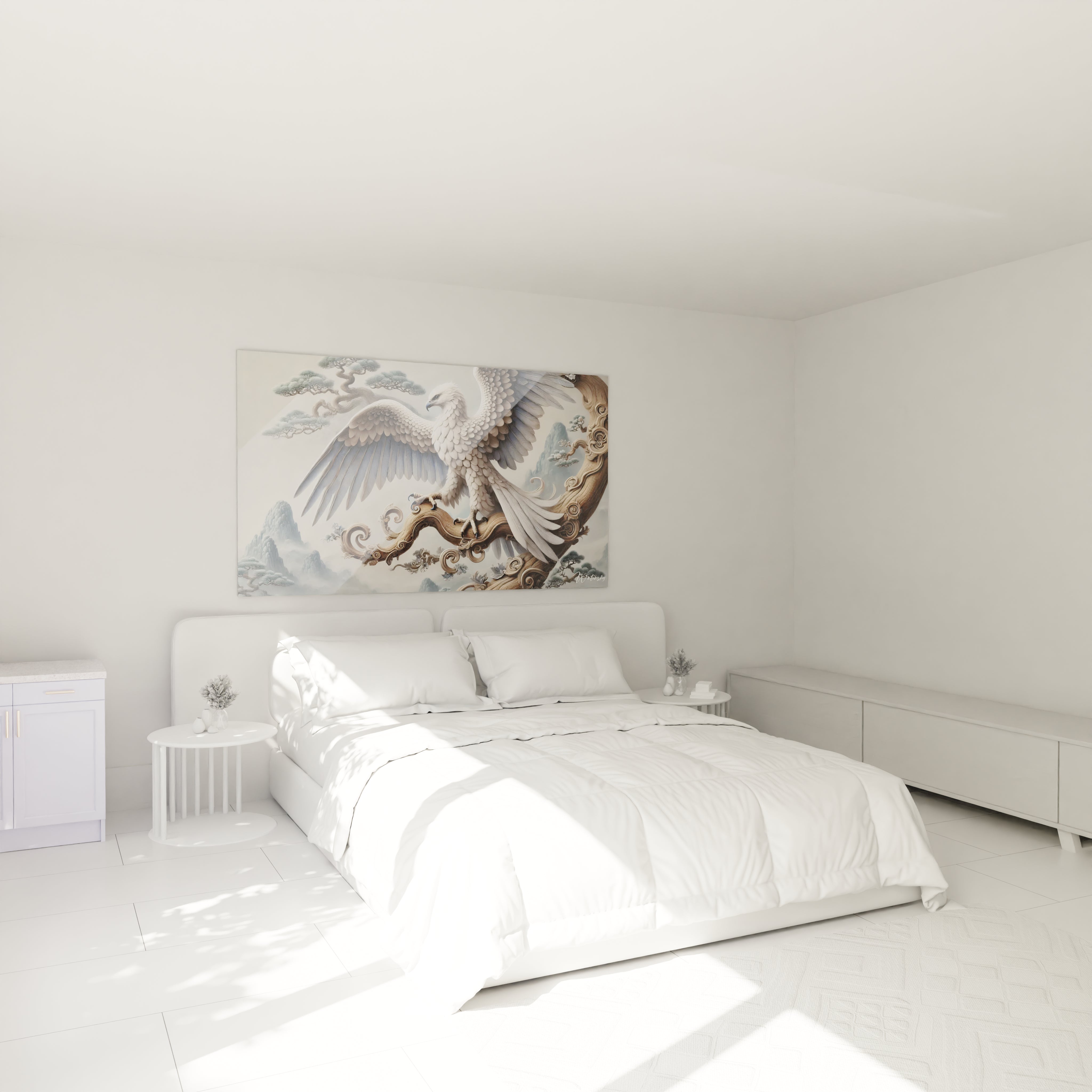 Sublimez votre chambre avec ce tableau aigle accroché au-dessus du lit. Sa présence imposante et sereine crée une atmosphère apaisante, idéale pour un espace de repos harmonieux et naturel.
