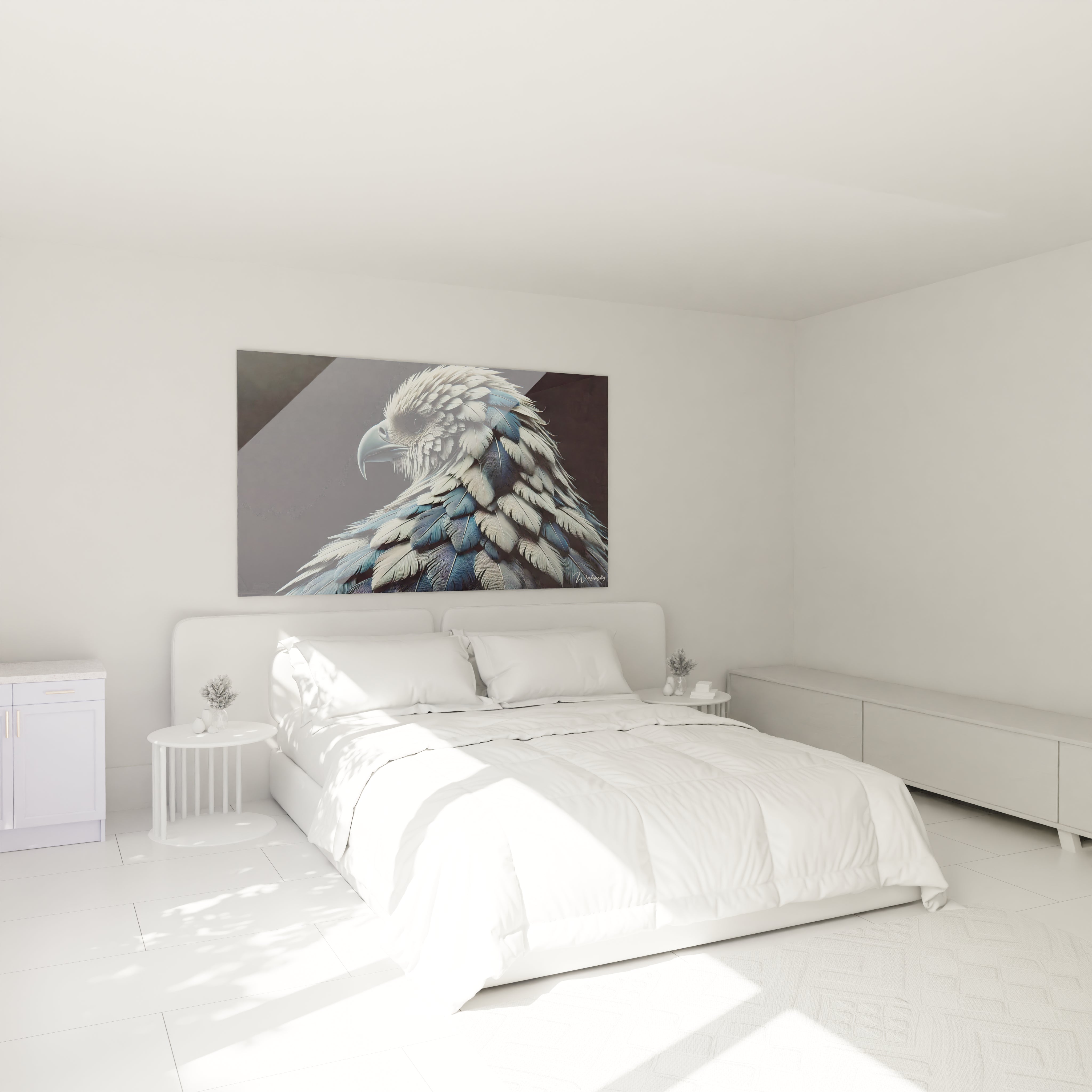 Accroché au dessus du lit, ce tableau aigle apporte grace et force a votre chambre. Ses nuances de bleu, gris et blanc ajoutent une touche apaisante et mystique a votre interieur