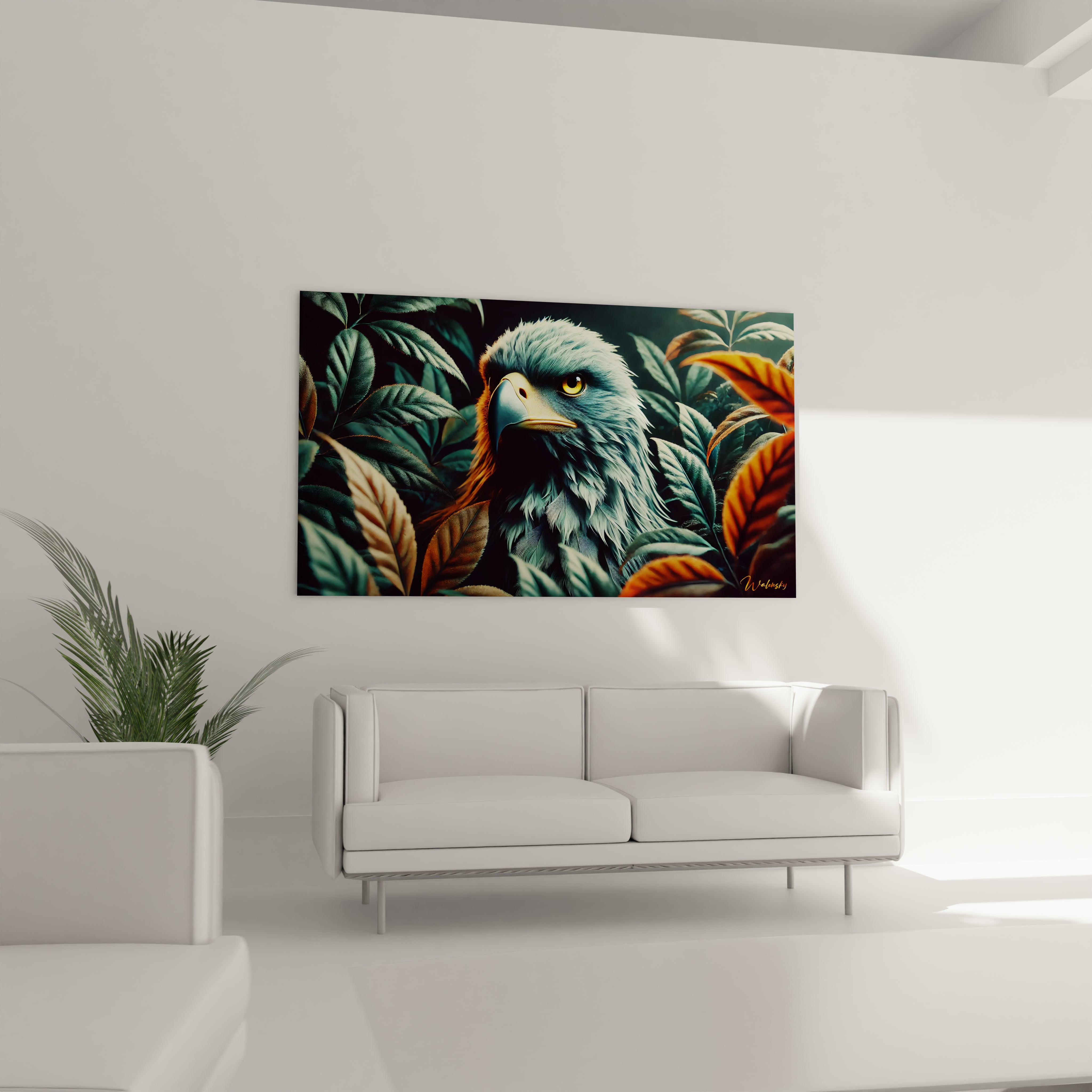 Ce tableau aigle au dessus du canapé donne une presence forte dans votre salon. L intensite du regard de l aigle captive et les couleurs vives ajoutent une touche d energie et de profondeur.