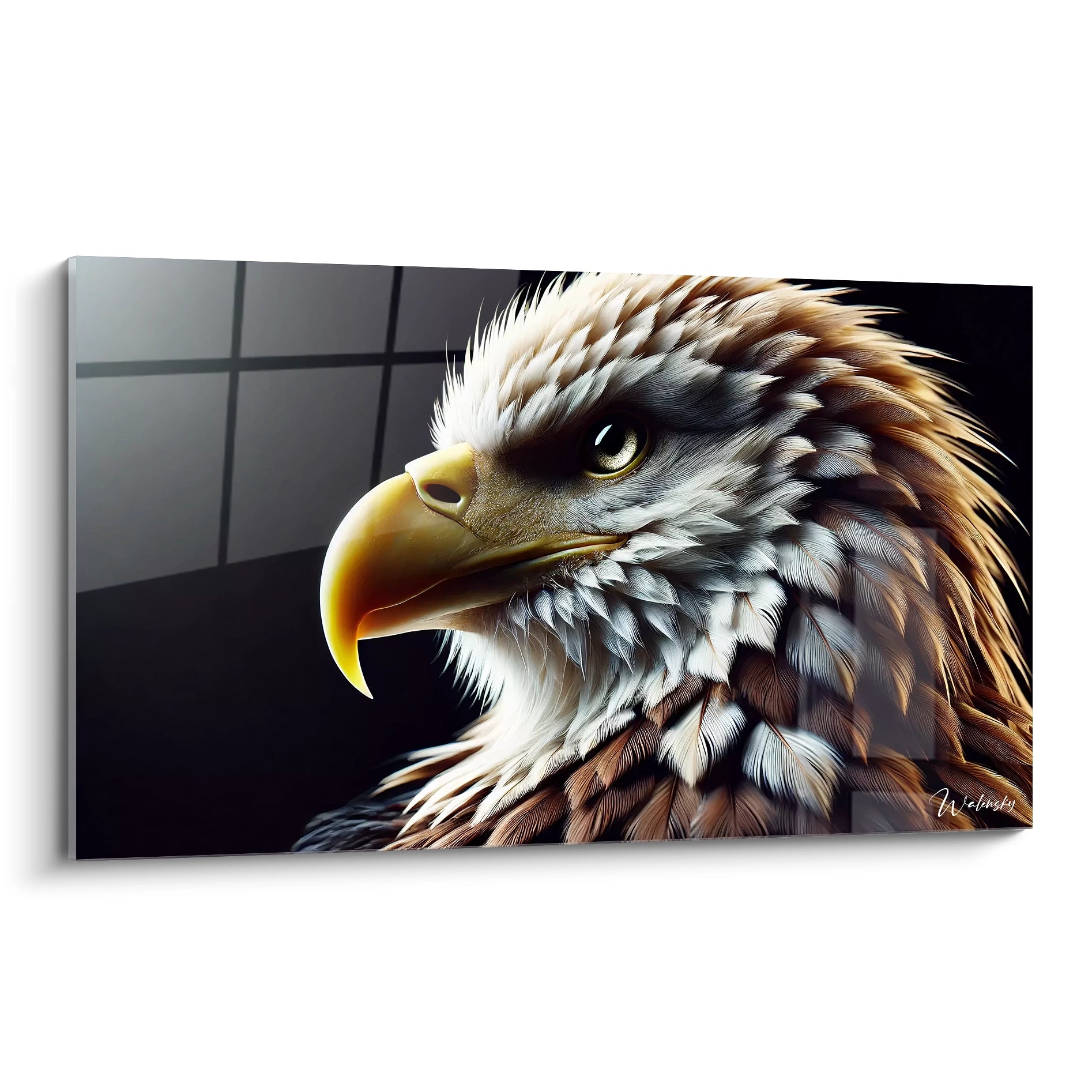 Ce tableau aigle vu de biais met en avant chaque détail majestueux de l'oiseau. Chaque plume est minutieusement travaillée pour capturer sa puissance et sa noblesse, dans une ambiance réaliste.