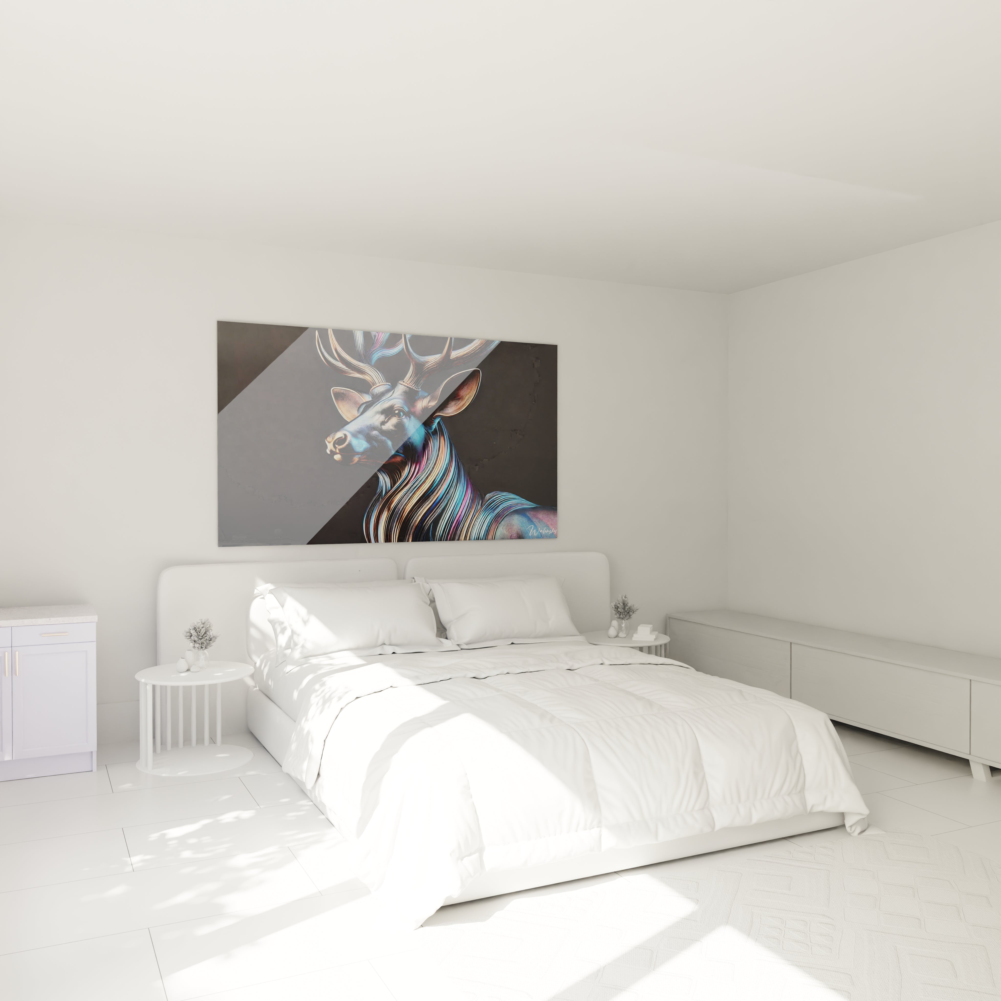 Tableau cerf accroché au mur dans une chambre moderne, au-dessus du lit. Les reflets vibrants et les teintes bleu, or rose et violet créent une ambiance onirique et apaisante.