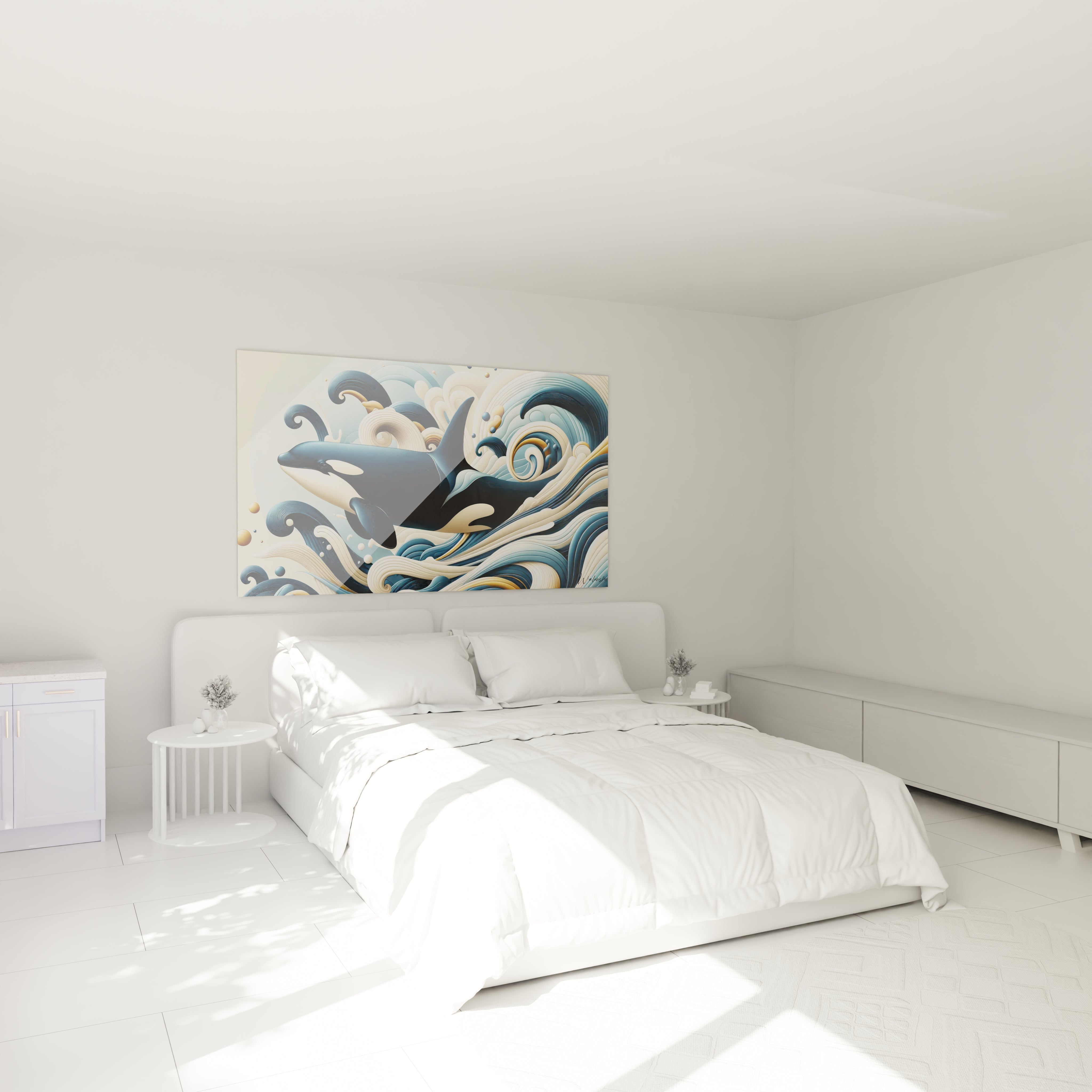 Chambre : tableau orque au-dessus d’un lit, apportant une ambiance sereine et moderne, harmonie des formes marines, contrastes élégants, bleu océanique et touches dorées, invitant à la détente.