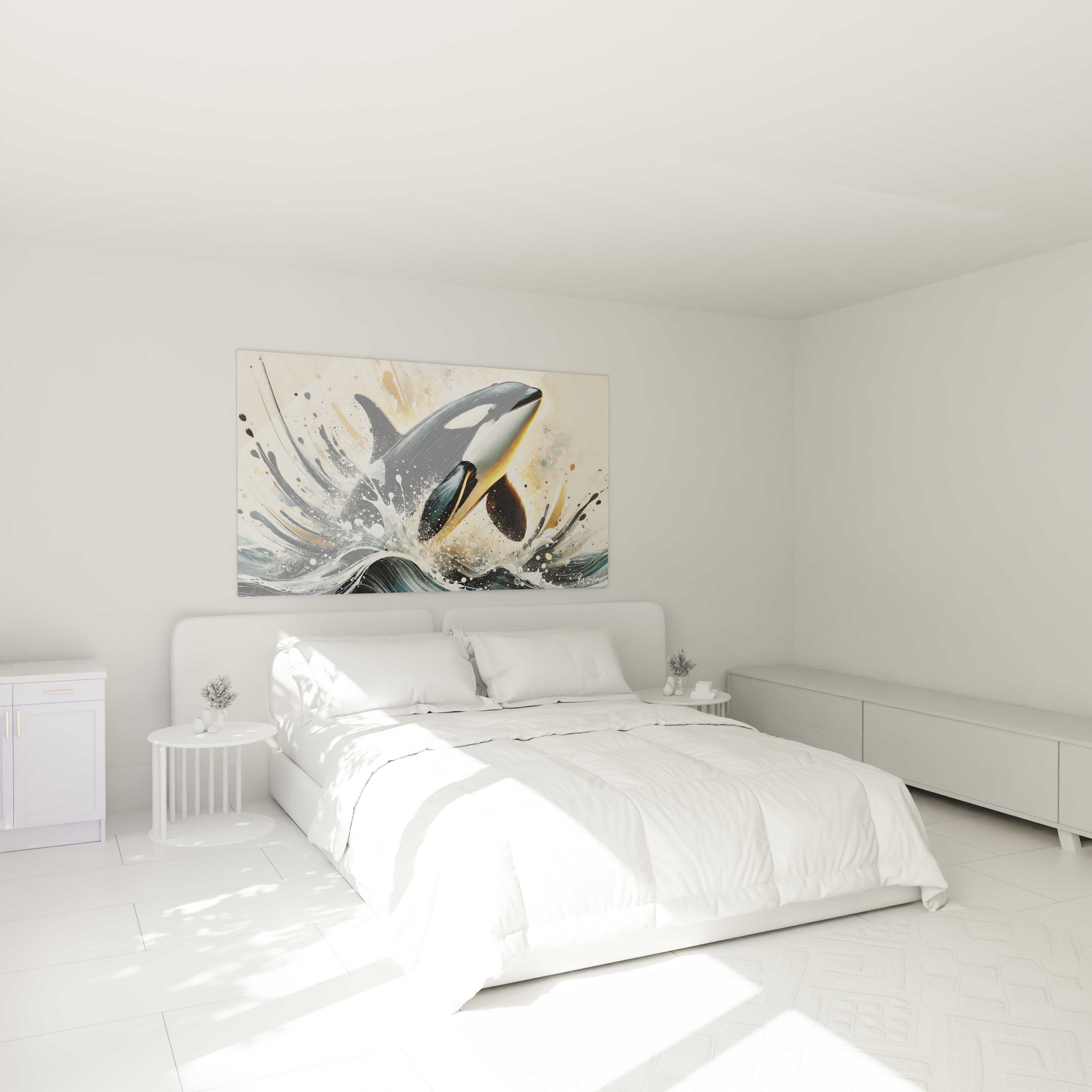 tableau orque accroché au mur dans une chambre moderne au-dessus d’un lit avec des teintes dorées et beige