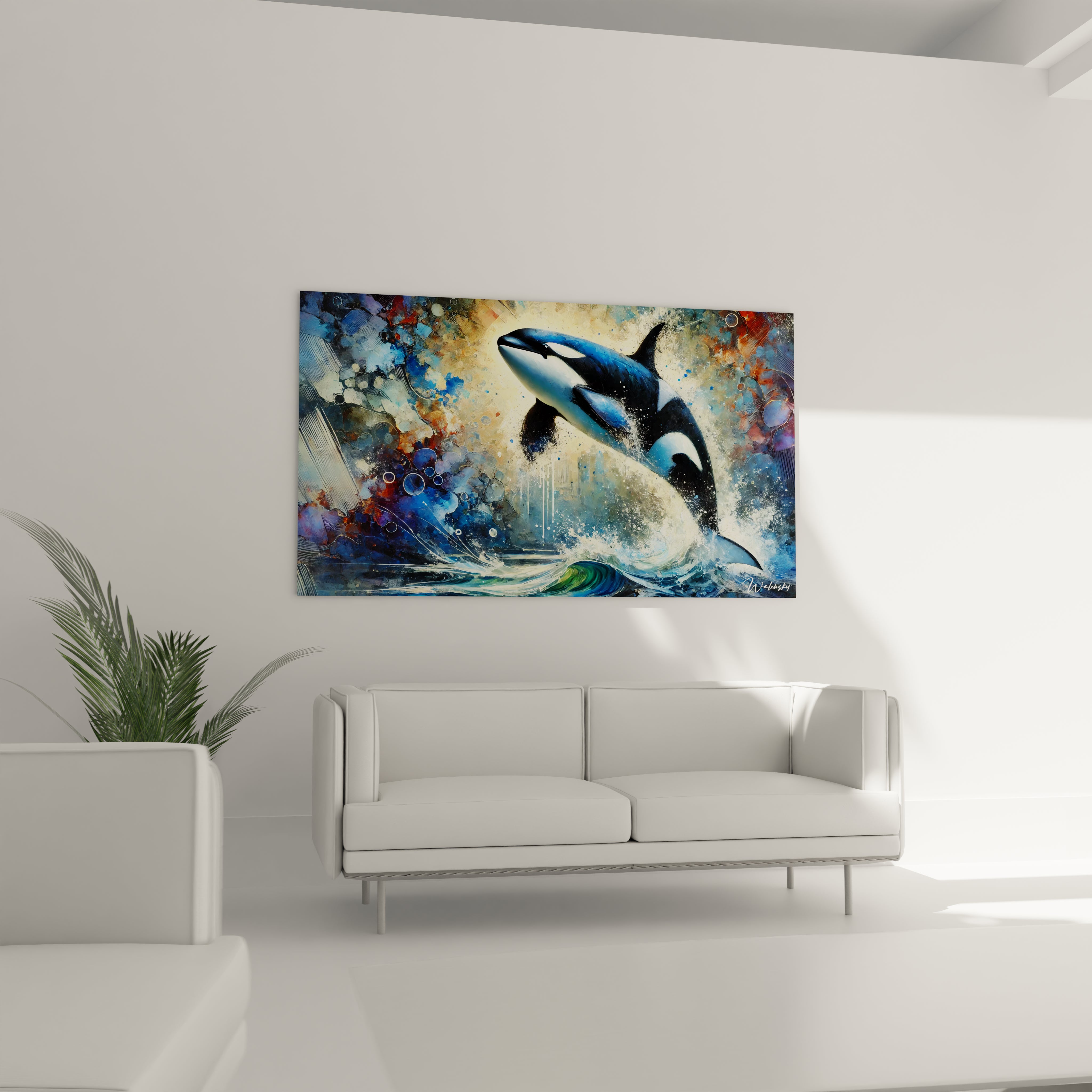 tableau orque dans un salon contemporain au-dessus d’un canapé textures aquatiques et palette marine captivant regard et ajoutant une touche de majesté et de sérénité à la pièce