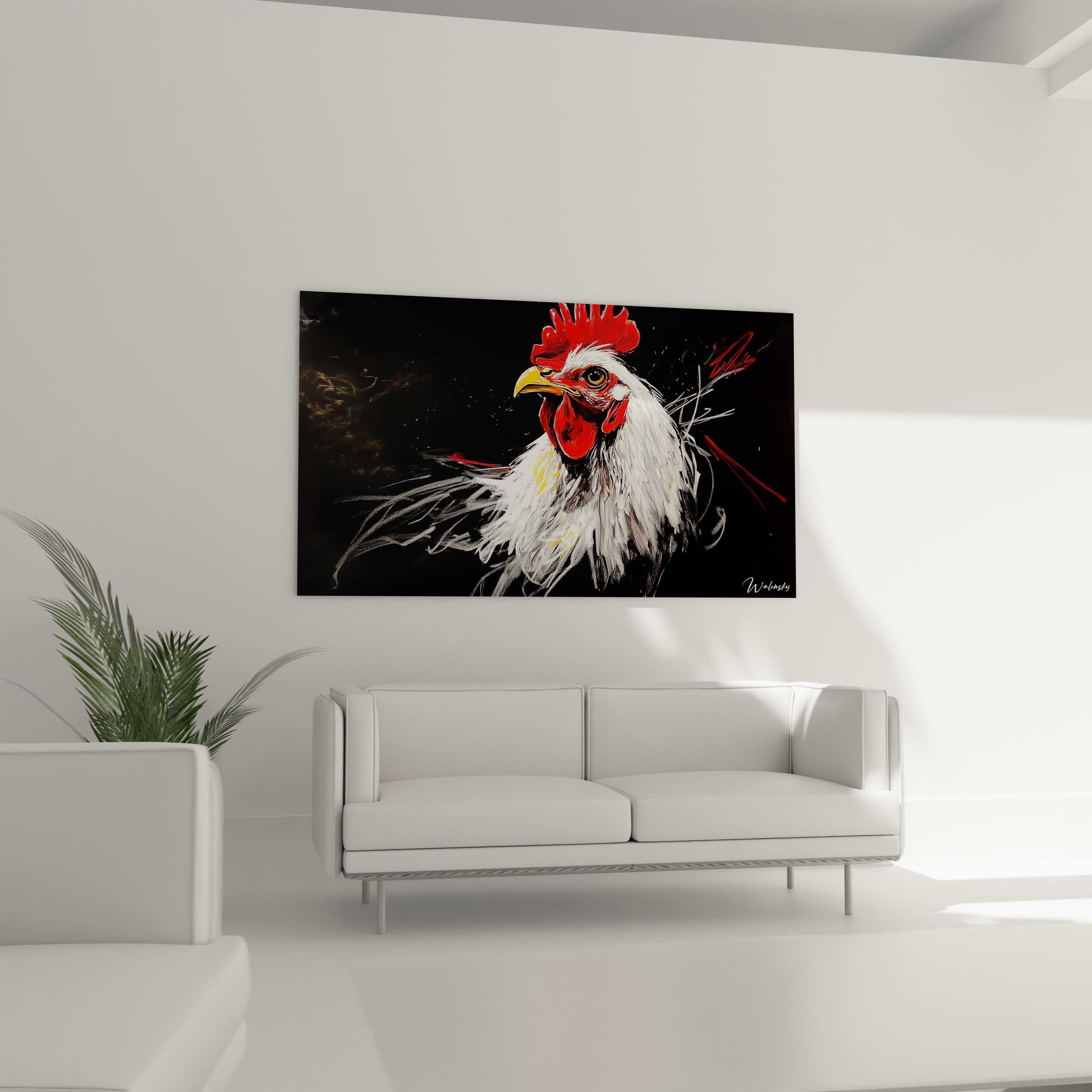 Un tableau coq blanc sur fond sombre capturant le regard perçant et la posture fière d'un coq, avec un traitement minutieux des textures du plumage, des touches de rouge vif sur la crête et une composition asymétrique dynamique.
