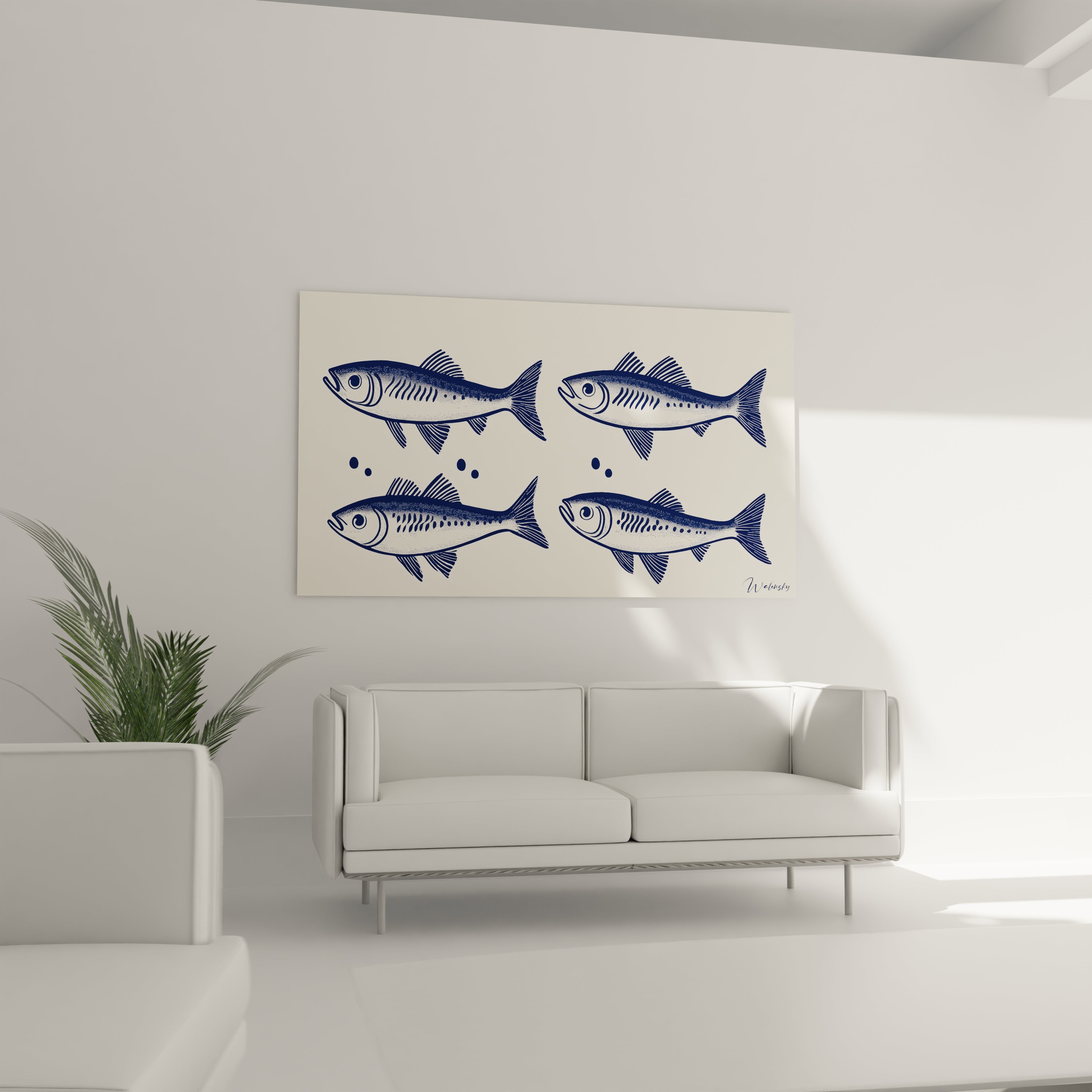 Un tableau maritime présentant quatre sardines bleu foncé dessinées avec précision anatomique. Style graphique épuré avec technique pointilliste sur fond beige doux, créant un contraste marqué entre les silhouettes des poissons et l'arrière-plan clair.