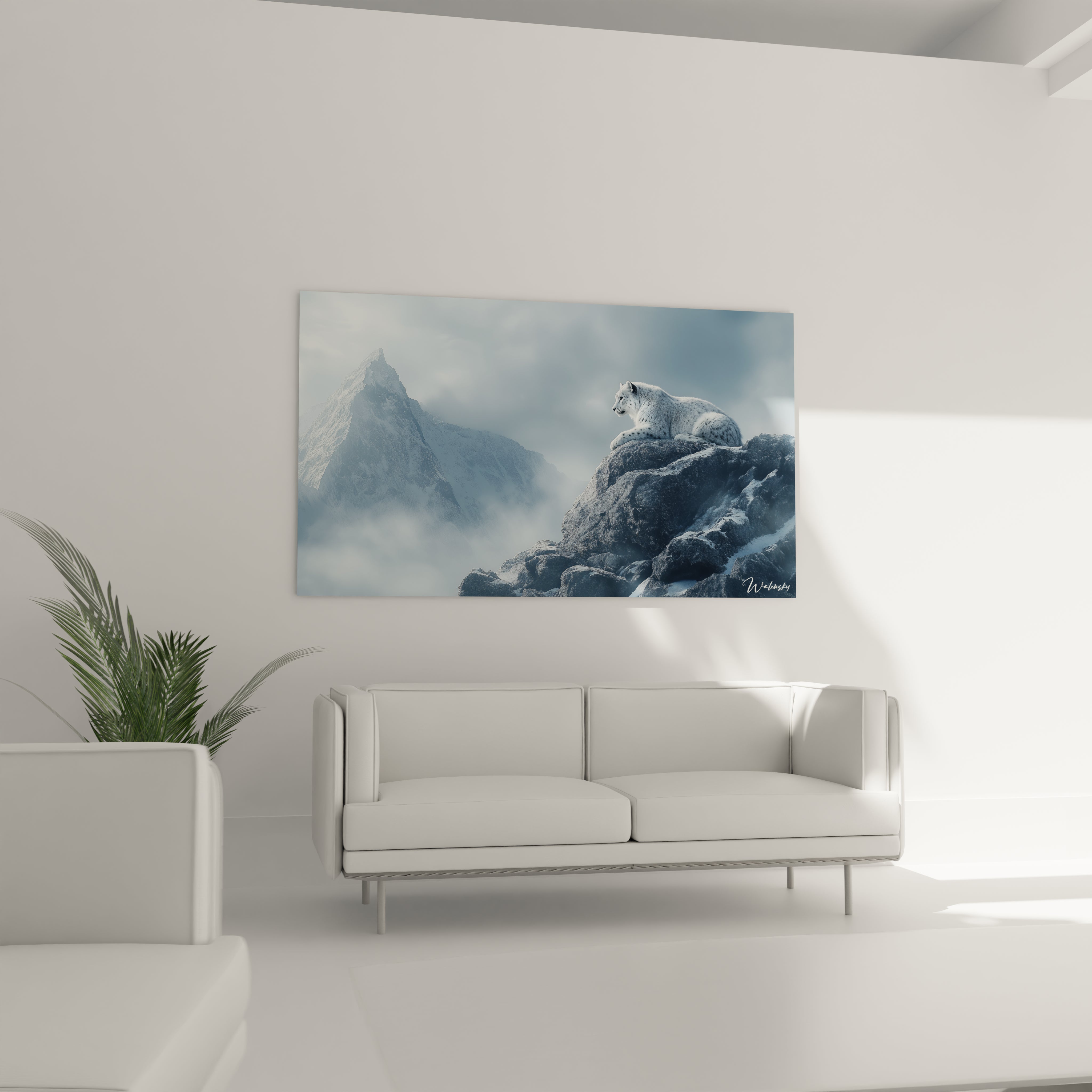 Un tableau panthère des neiges capturant le félin au repos vigilant sur un promontoire rocheux. L'œuvre présente des tons monochromes de bleu, blanc et gris, avec un traitement réaliste du pelage tacheté et des textures rugueuses des montagnes enveloppées de brume.