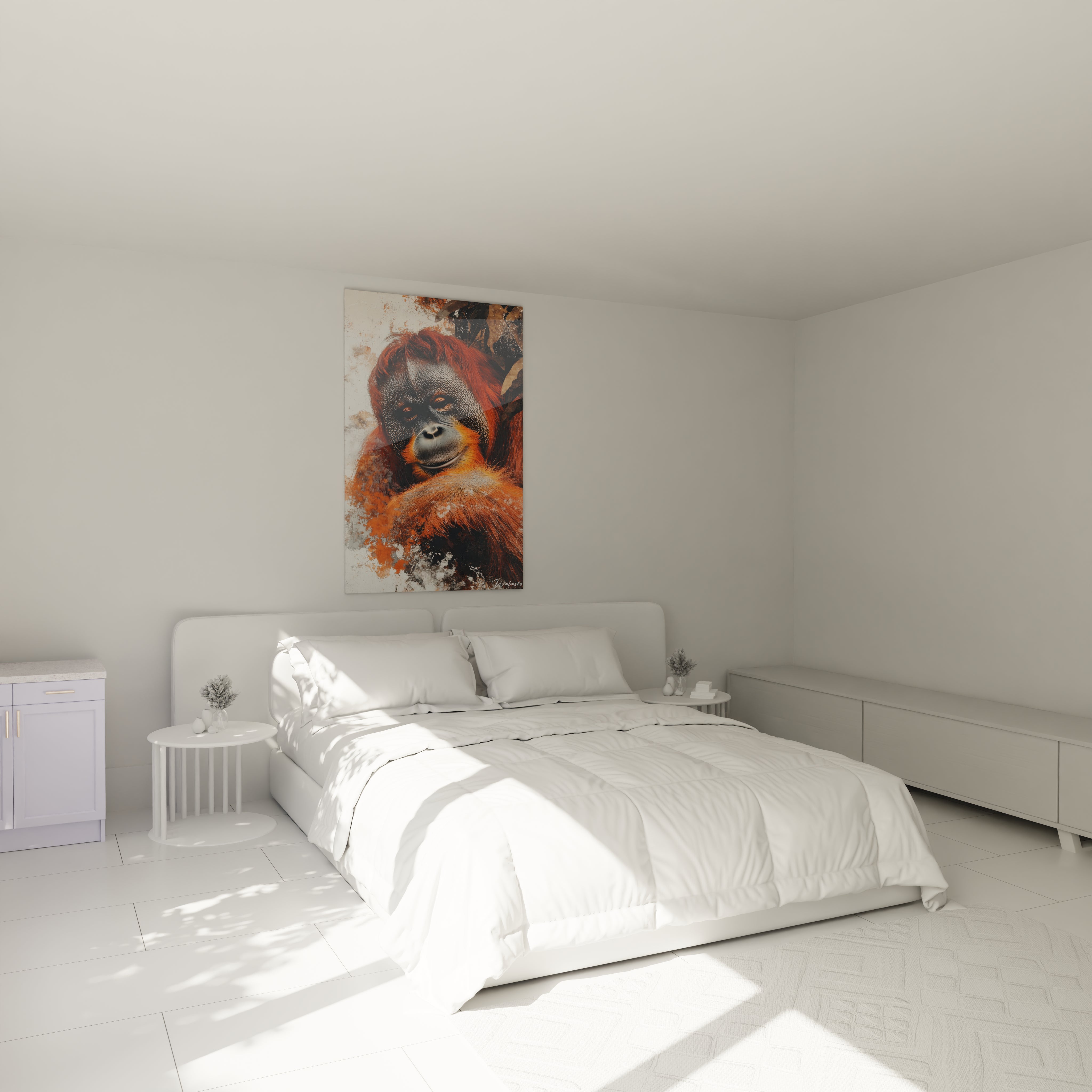 Un tableau orang-outan en gros plan présentant le visage d'un grand singe aux poils roux flamboyants. La texture granuleuse de la peau contraste avec la douceur du pelage orange, sur un arrière-plan abstrait mêlant blanc, noir et touches ocre.