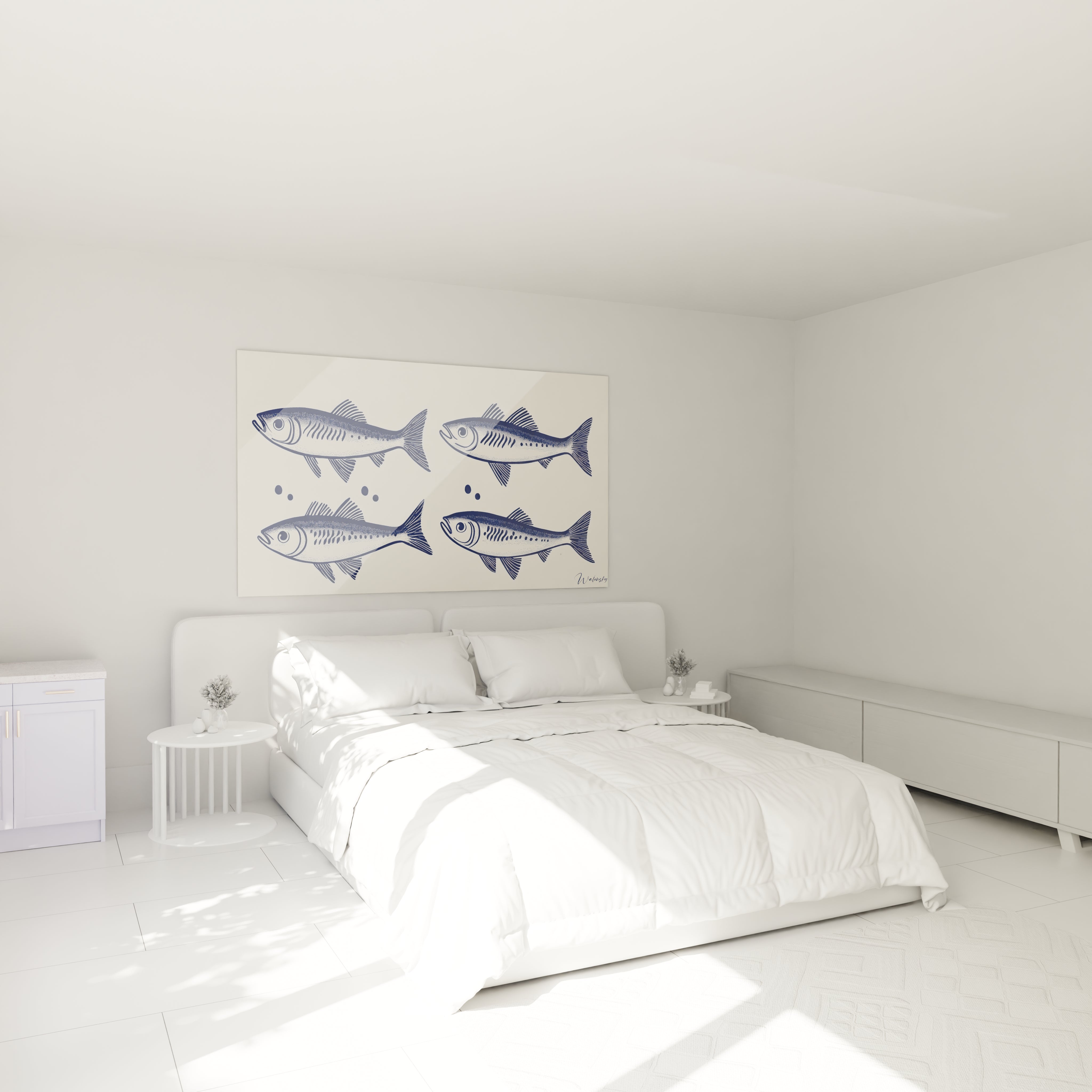 Un tableau artistique de sardines en bleu marine montrant quatre poissons identiques avec nageoires détaillées et corps fuselés. Composition minimaliste sur fond beige pâle avec texture pointilliste et petits éléments graphiques entre les spécimens.