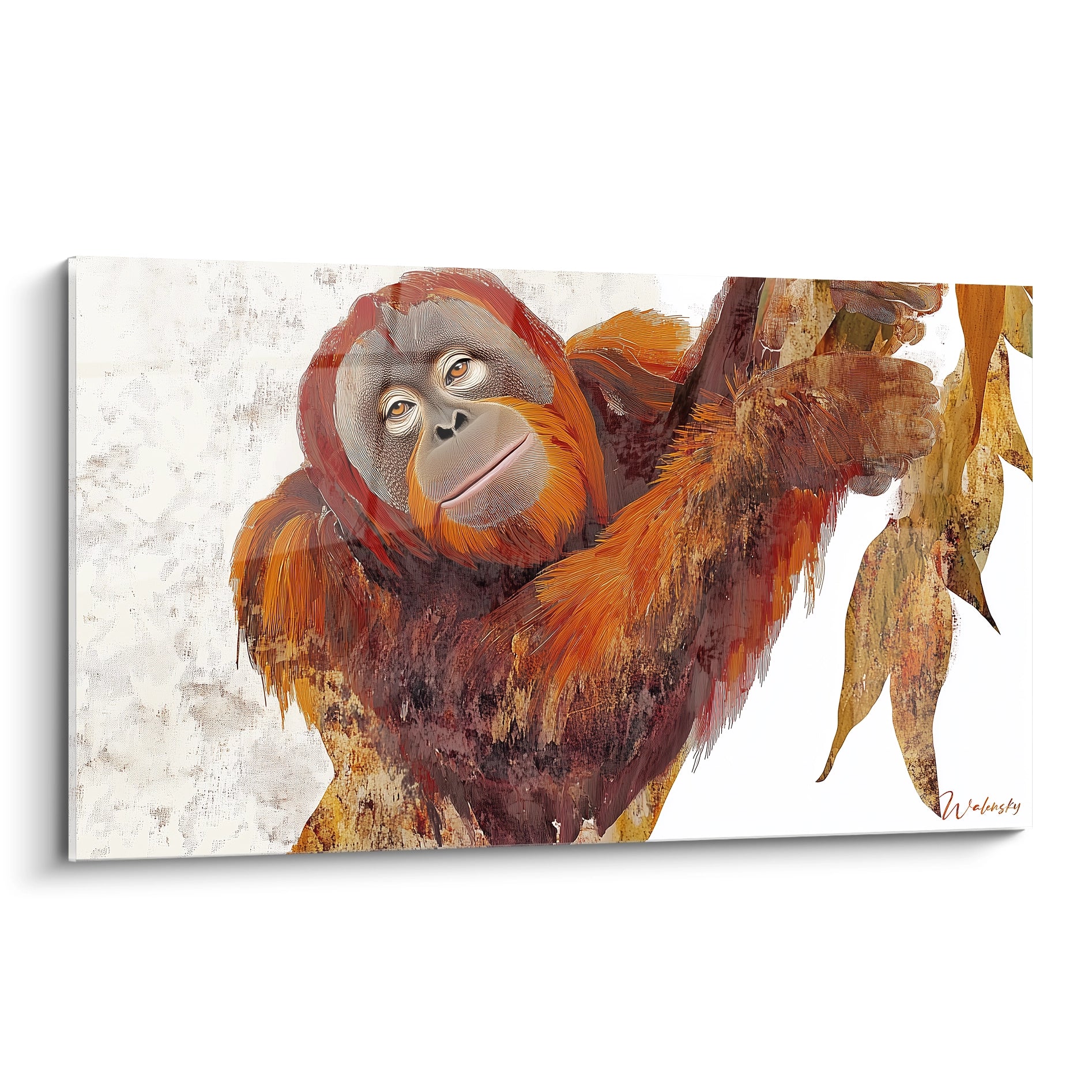Un tableau orang-outan représentant un primate au pelage roux-orangé suspendu à une branche, avec un regard expressif dirigé vers l'observateur. Fond beige texturé contrastant avec les teintes chaudes marron et orange du pelage aux traits finement détaillés.