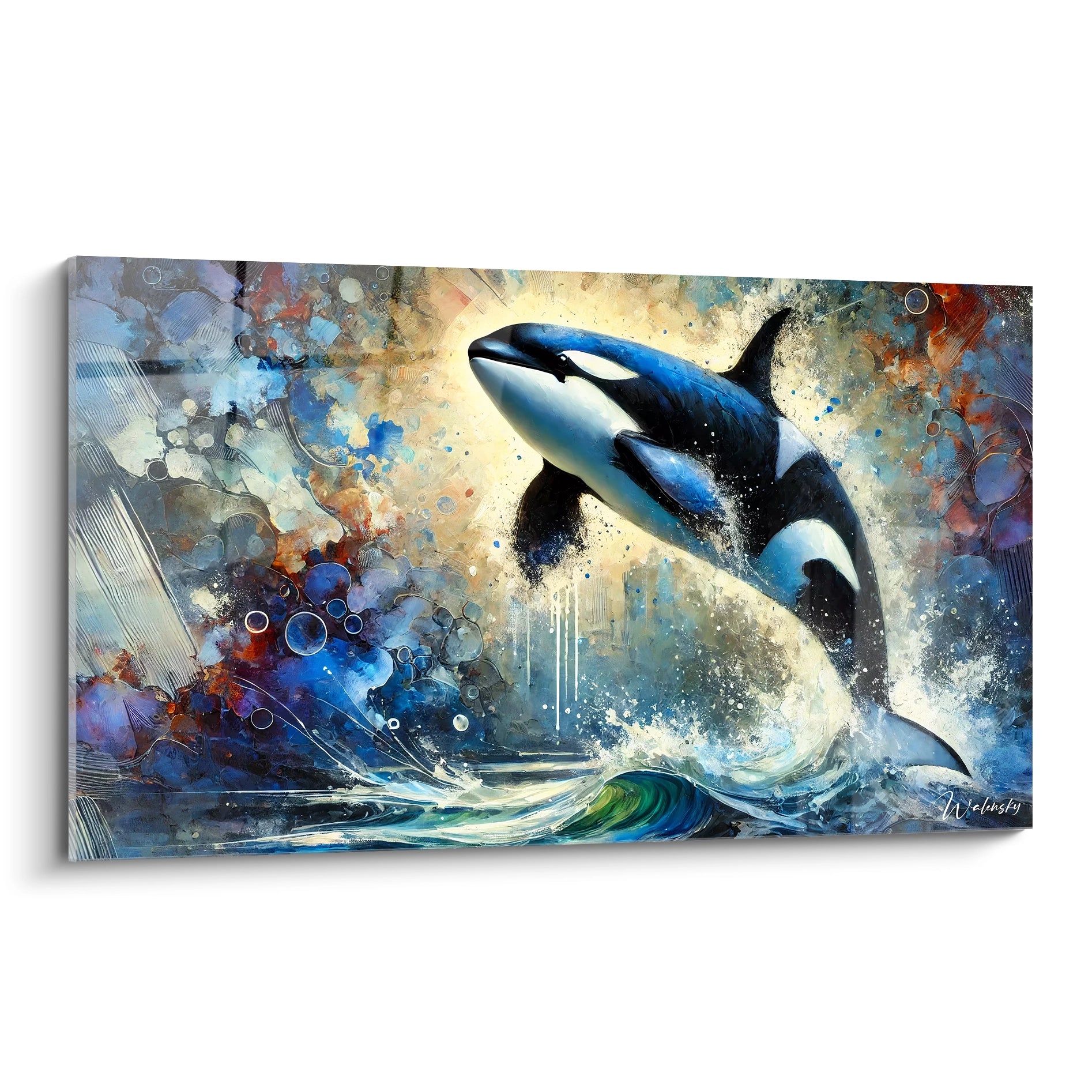 tableau orque vu de biais avec des nuances de bleu marine blanc et noir textures dynamiques et éclats lumineux représentant un orque majestueux sautant dans l’océan symbolisant la liberté
