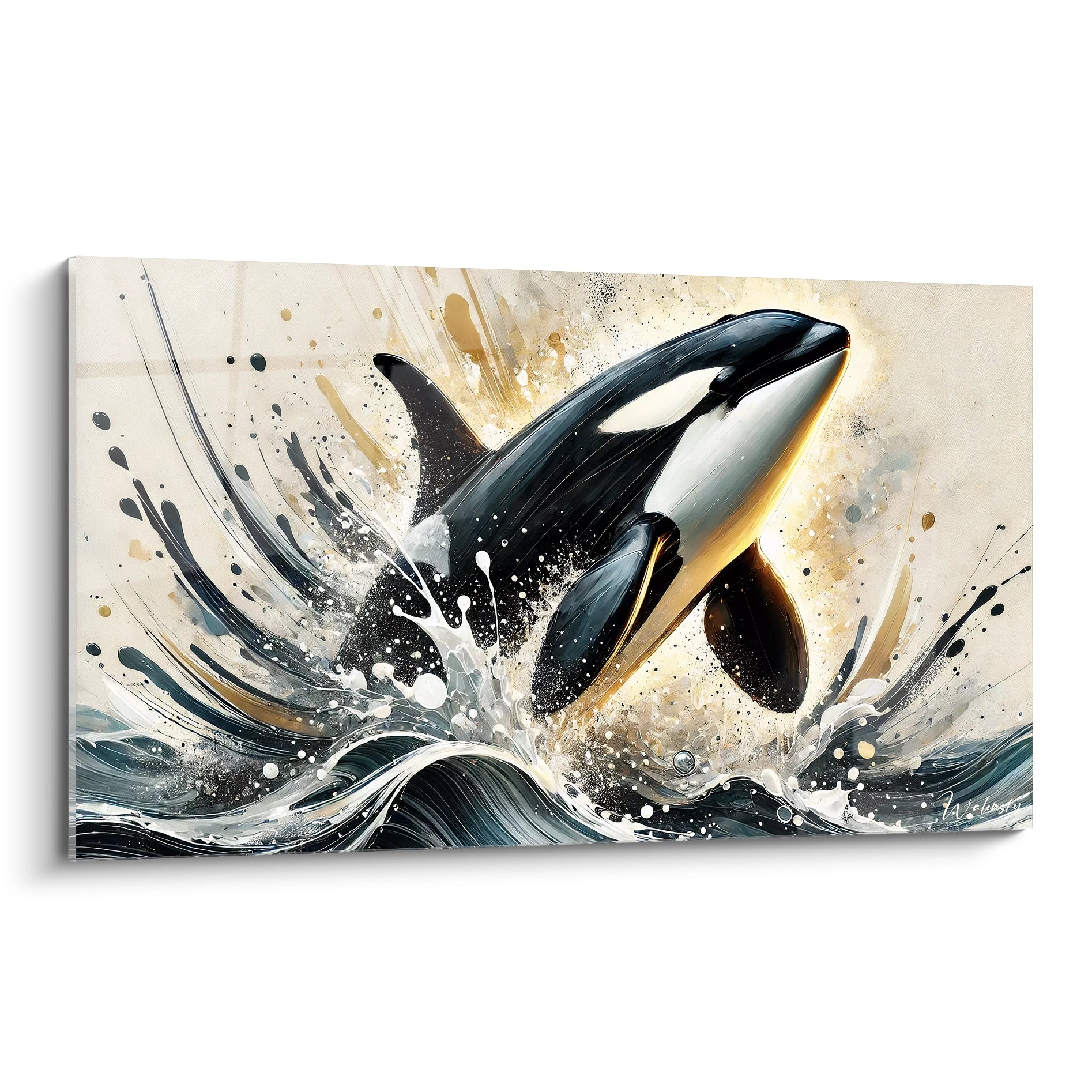 tableau orque noir et blanc avec éclats dorés et beiges vu de biais capturant l’énergie d’une orque jaillissant des vagues