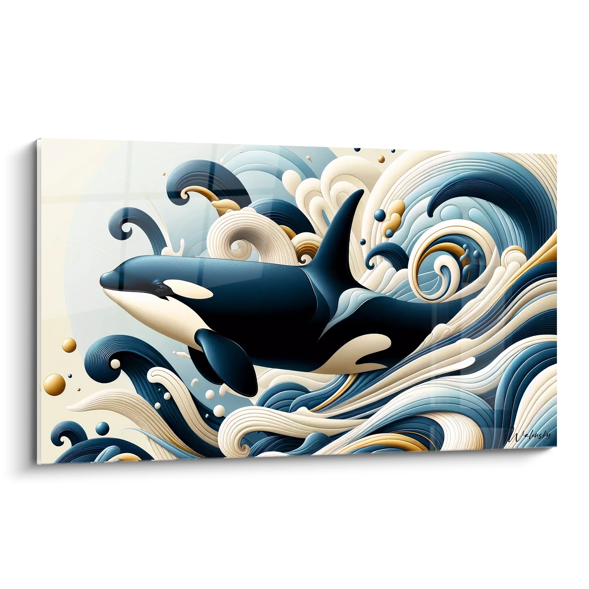 Vue de biais : tableau orque avec tons bleus, beige et or, lignes fluides rappelant les vagues, style contemporain et graphique, capturant la majesté de l’océan et la puissance de l’orque.