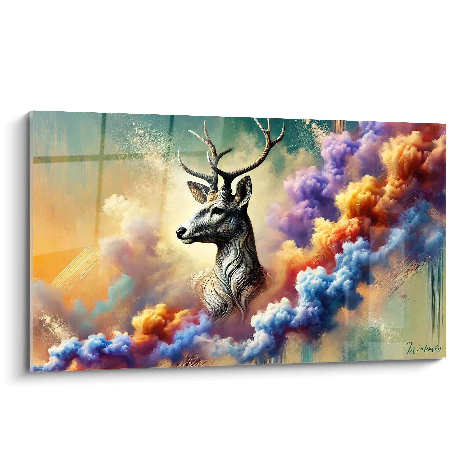 tableau cerf vu de biais dans des tons jaune dore bleu et violet le cerf elegant se tient parmi des nuages vaporeux en mouvement une ambiance mystique et onirique inspiree par la nature