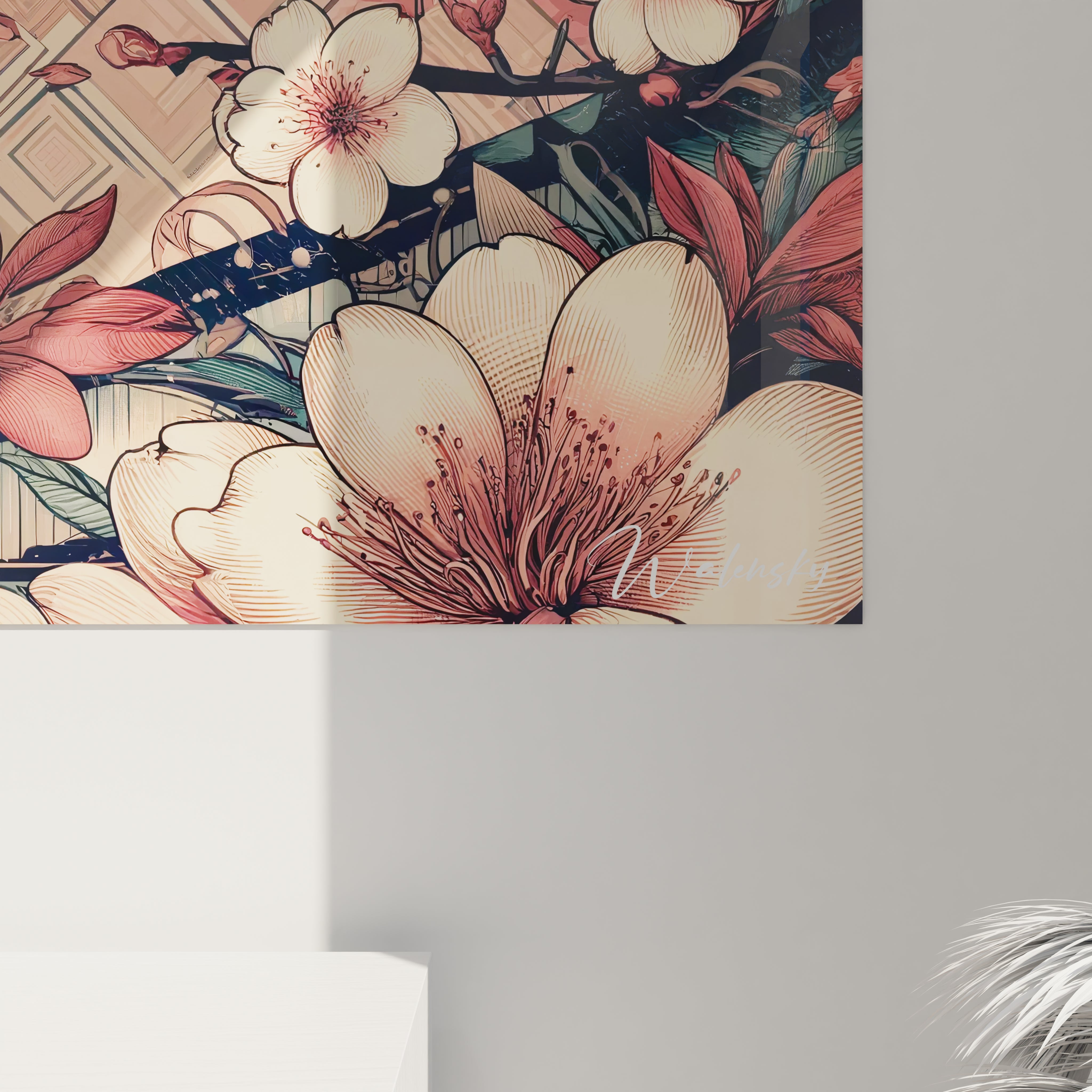 détail rapproché d'un tableau asiatique montrant des pétales de cerisier délicats et des lignes fluides dans des tons de rose bleu et beige créant une harmonie visuelle apaisante