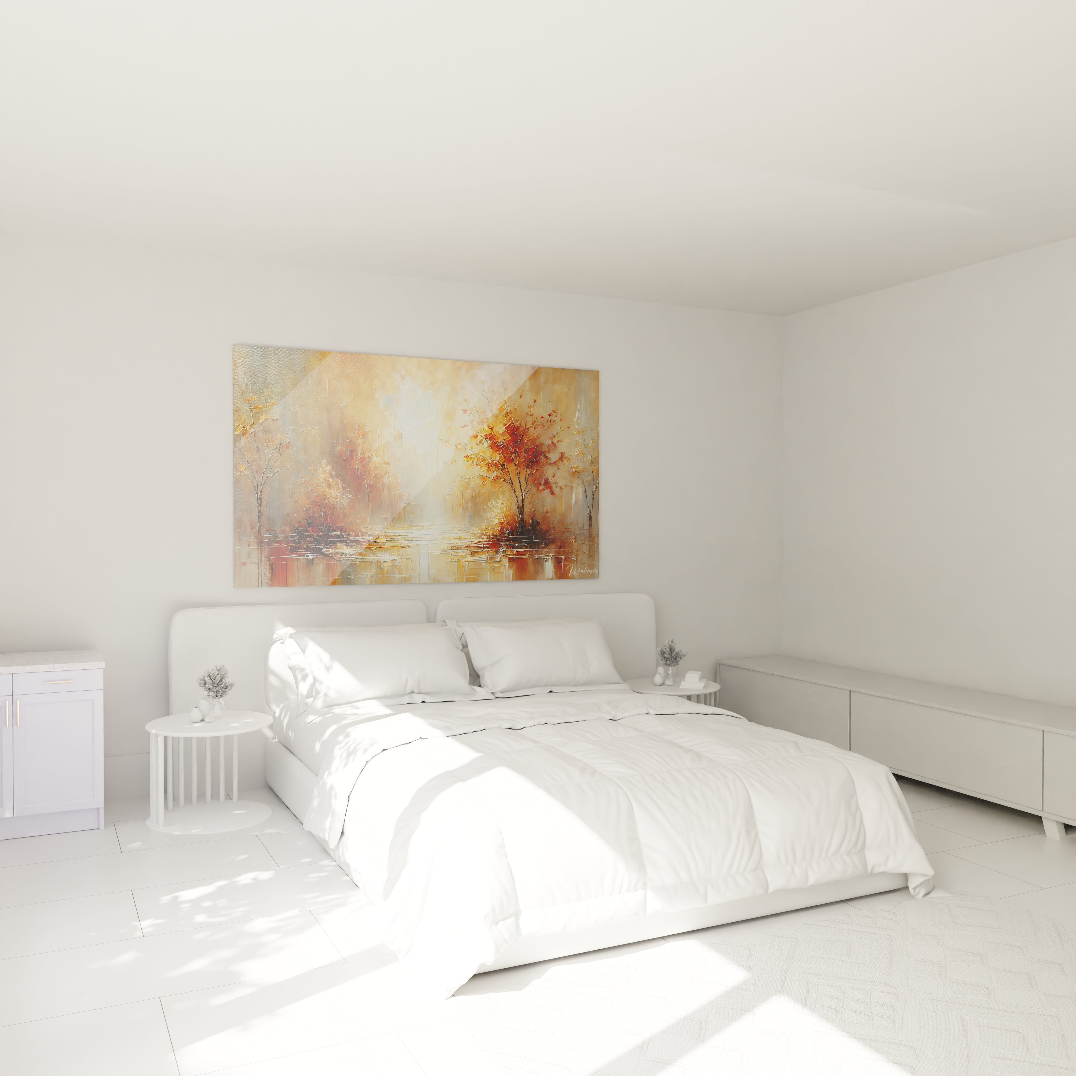 Accroché au mur dans une chambre ce tableau Automne ajoute une touche d'automne douce et intime Sa composition contemporaine crée une ambiance apaisante propice à la contemplation