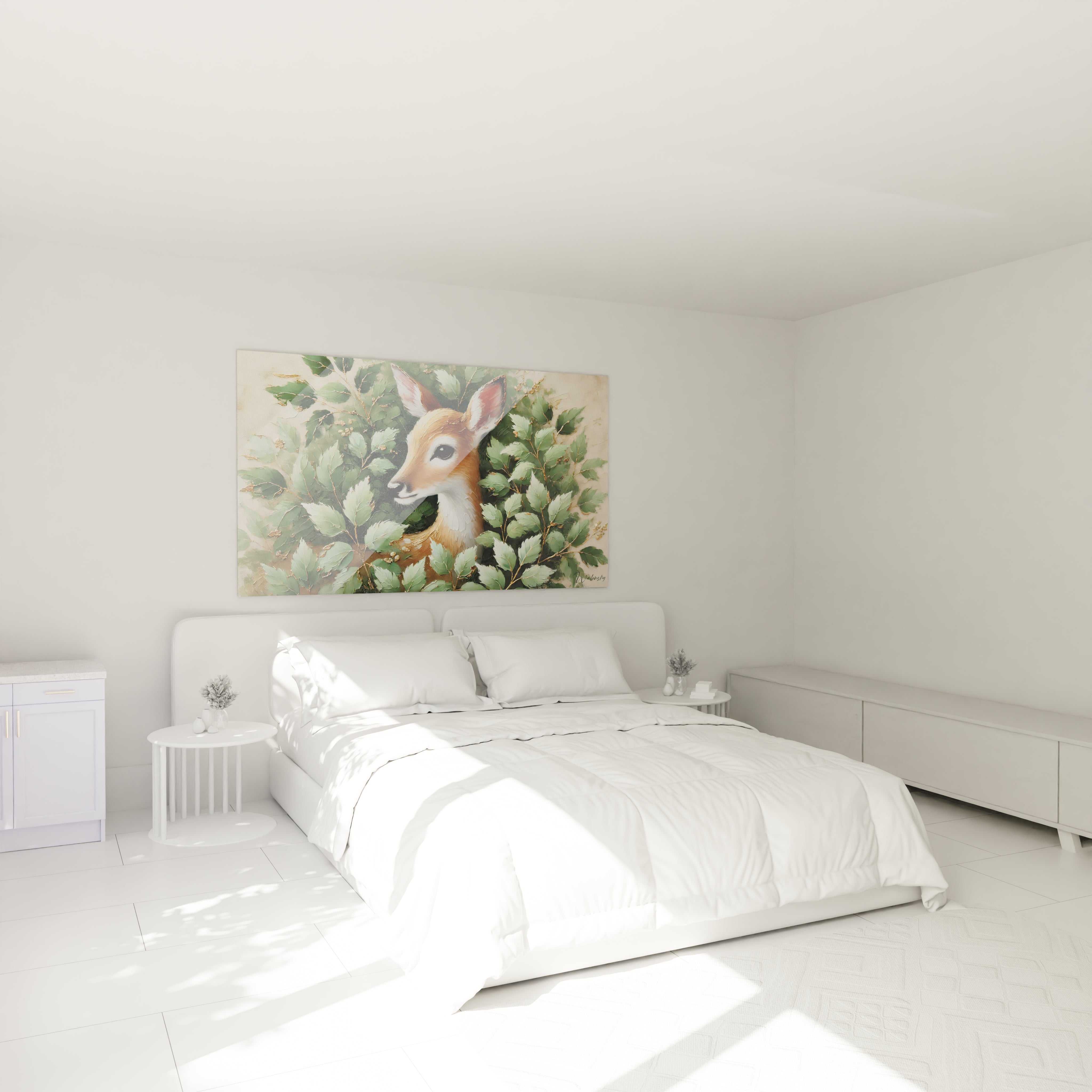 Accroché au-dessus du lit, ce tableau biche crée une atmosphère apaisante. Sa représentation délicate invite à la contemplation et enrichit la décoration de votre chambre.