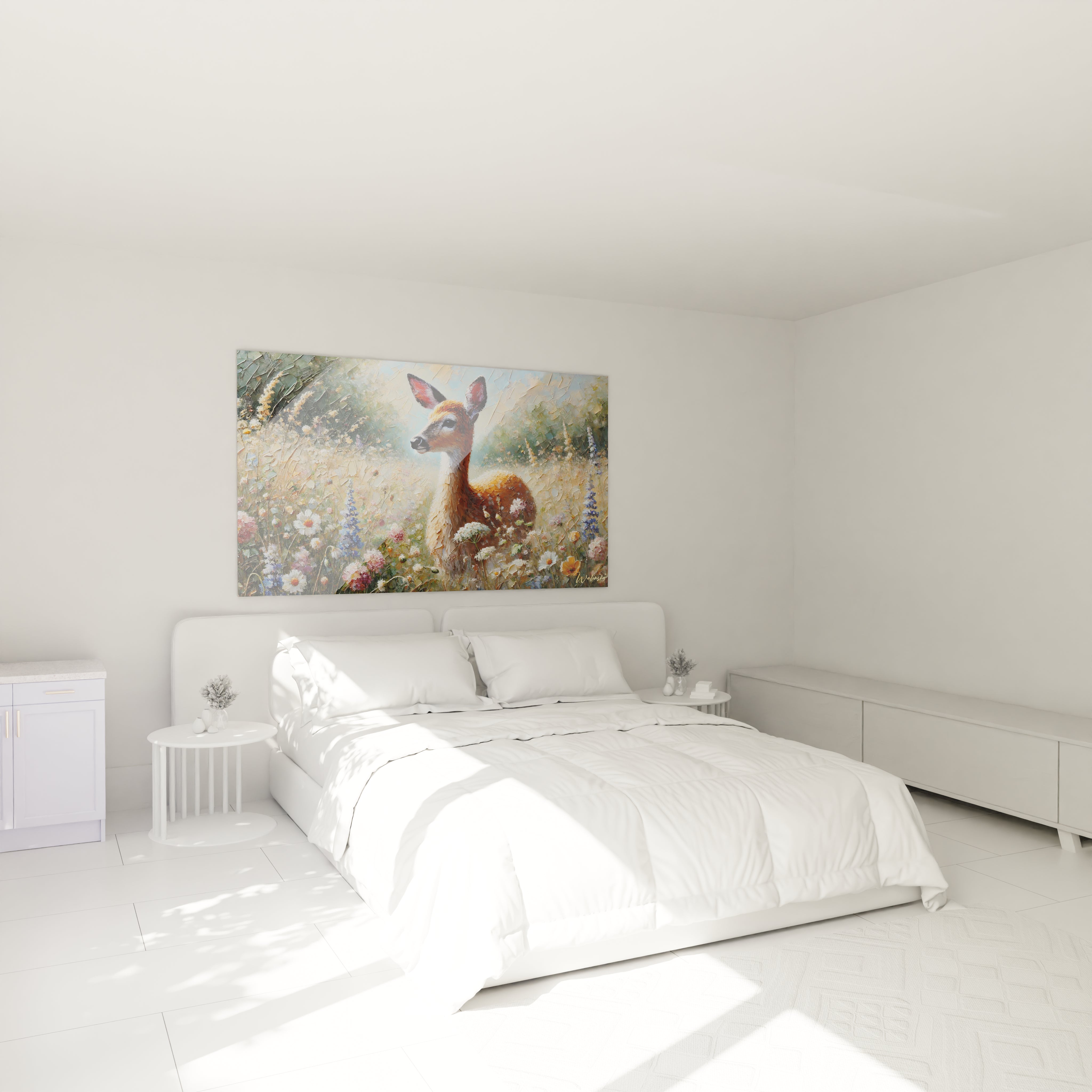 Accroché au-dessus du lit, ce tableau biche apporte une touche de sérénité. Son ambiance douce et ses couleurs harmonieuses transforment la chambre en un havre de paix et de nature.